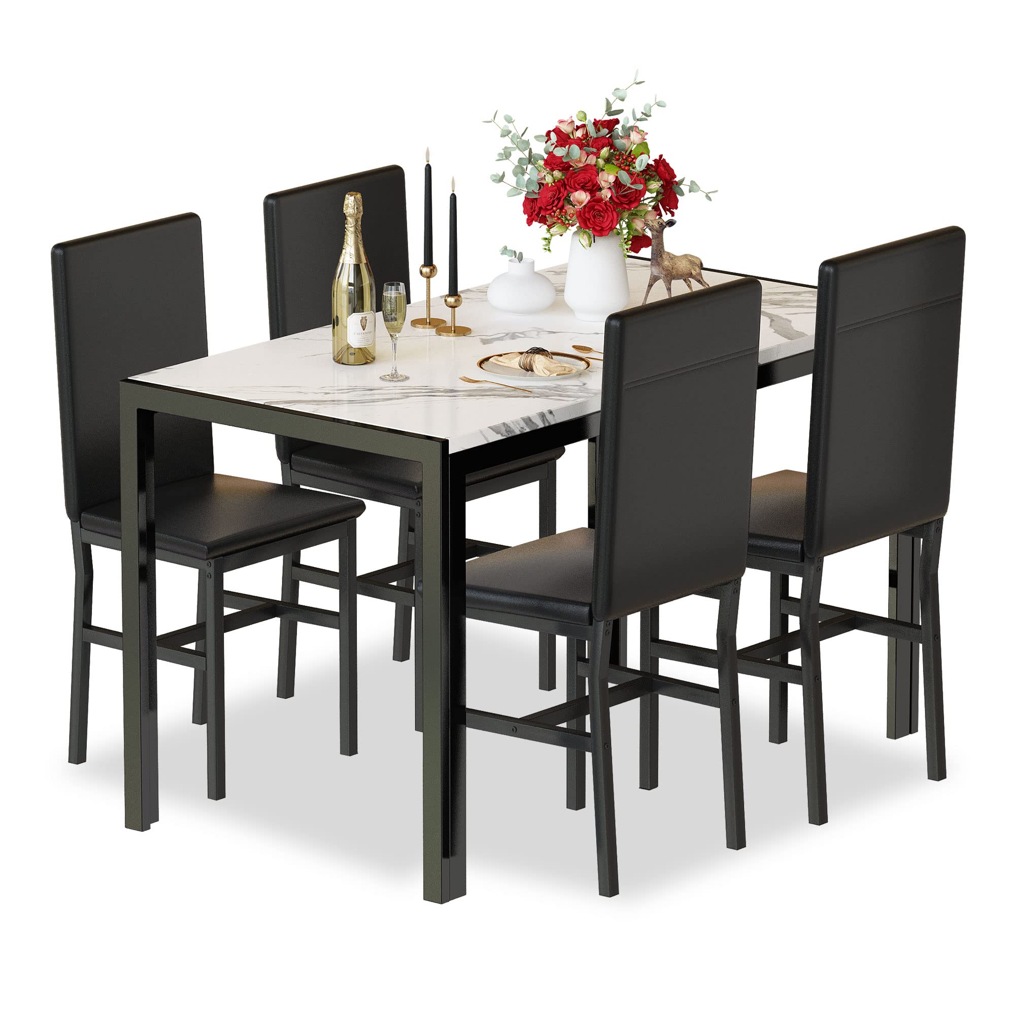 Modern 4-Piece Dining Table Set with Faux Marble Tabletop & PU Leather Chairs - Space Saving Kitchen Table for Small Spaces, Breakfast Nook or Dining Room (Brown & White) | Perfect for Apartments, Condos and Cozy Home Dining