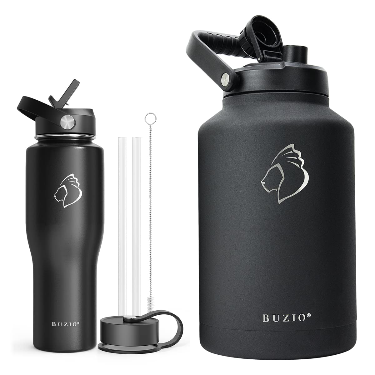 BUZIO 32oz Vacuum Insulated Stainless Steel Water Bottle & 1.5 Gallon Jug Set - BPA Free Double Wall Travel Tumbler & Flask for Camping, Gym, Office, and Outdoor Activities
