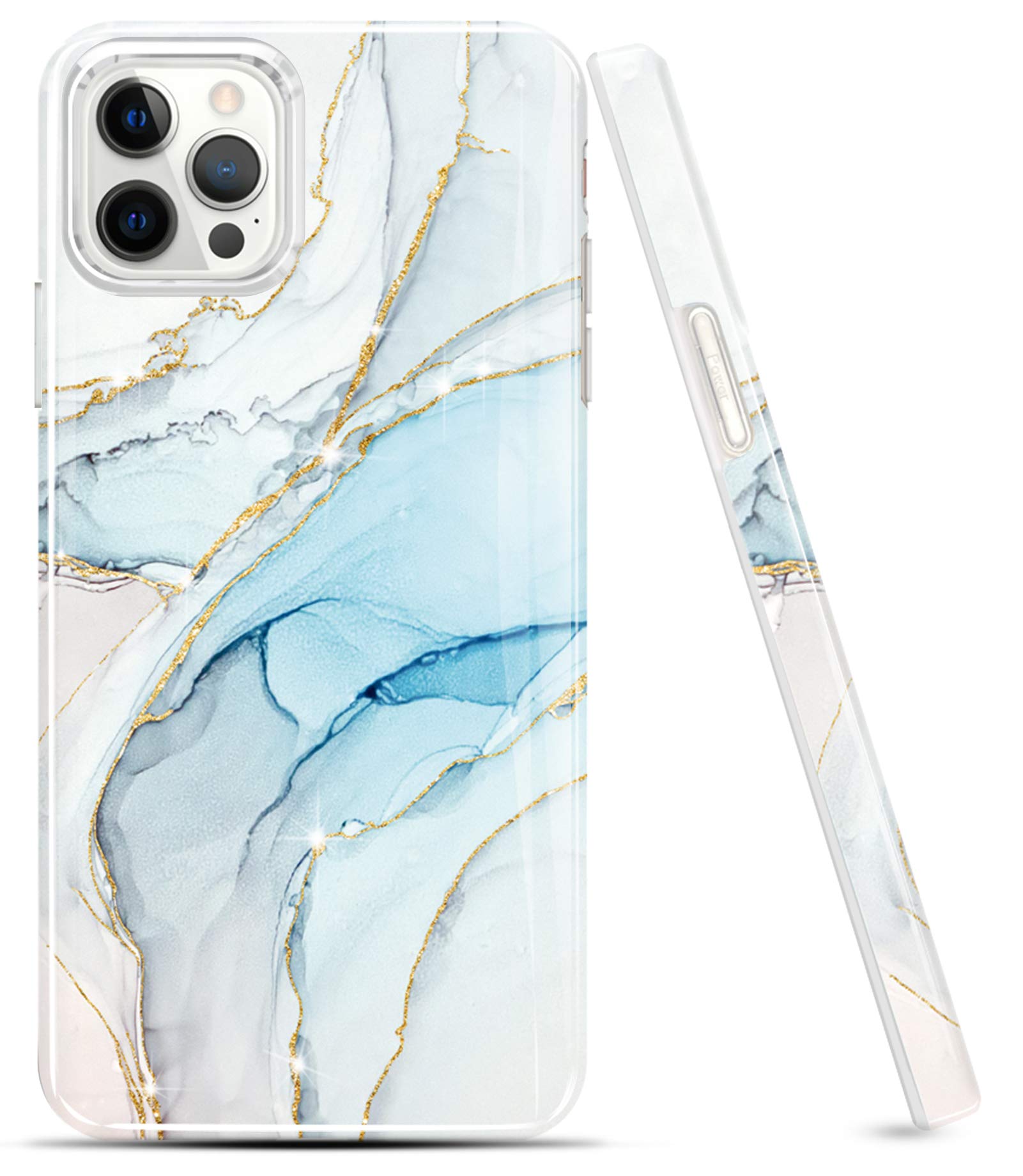 Luolnh iPhone 12 Pro Max Case - Gold Glitter Sparkle Marble Design, Shockproof Soft Silicone TPU Bumper Cover for Women (White & Blue) | Perfect for Everyday Protection & Fashion Accessory
