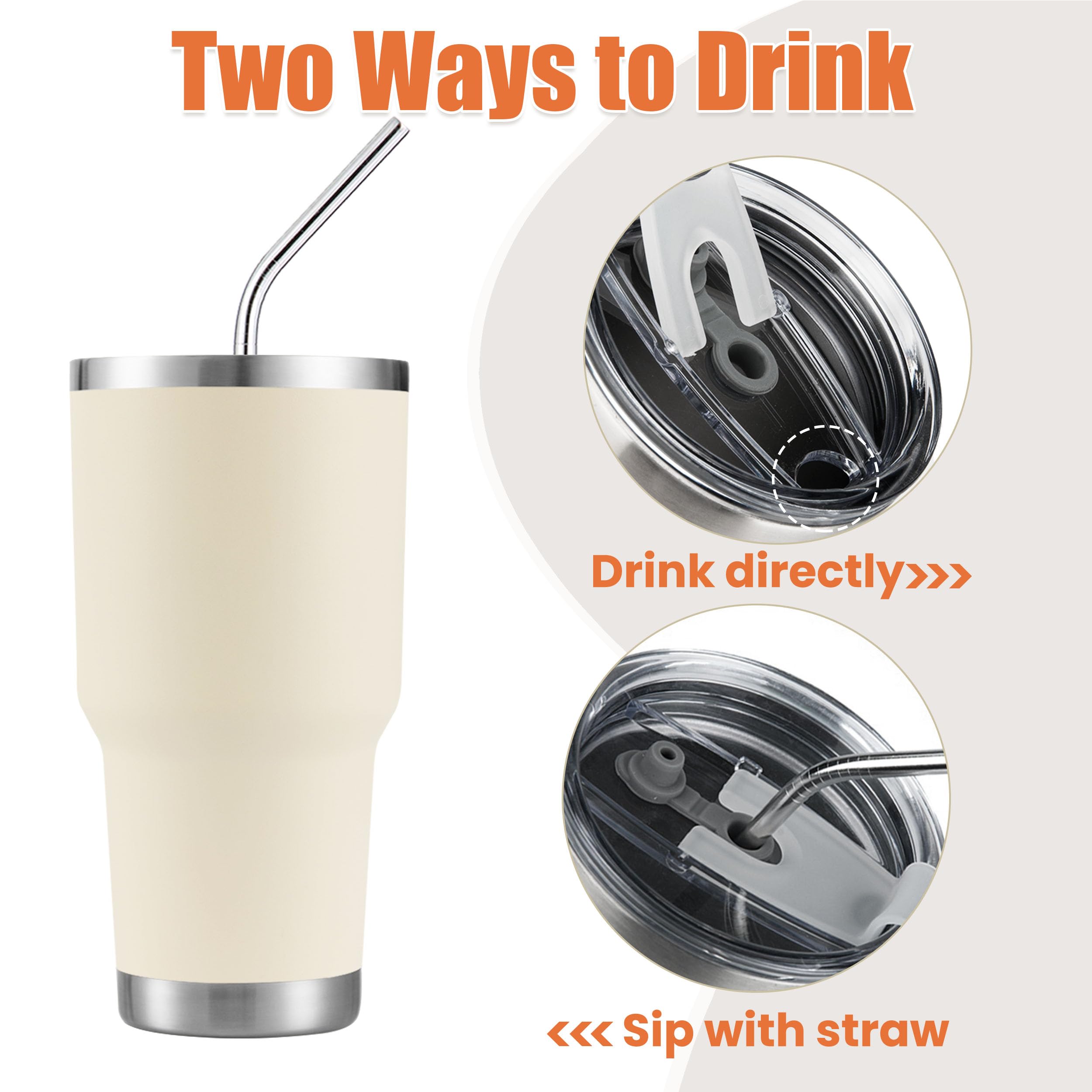 30oz Cream Stainless Steel Insulated Tumbler with Straw & Cleaning Brush - Double Wall Vacuum Travel Mug for Hot/Cold Drinks - Perfect for Coffee, Tea, Gym, Office & Outdoor Activities