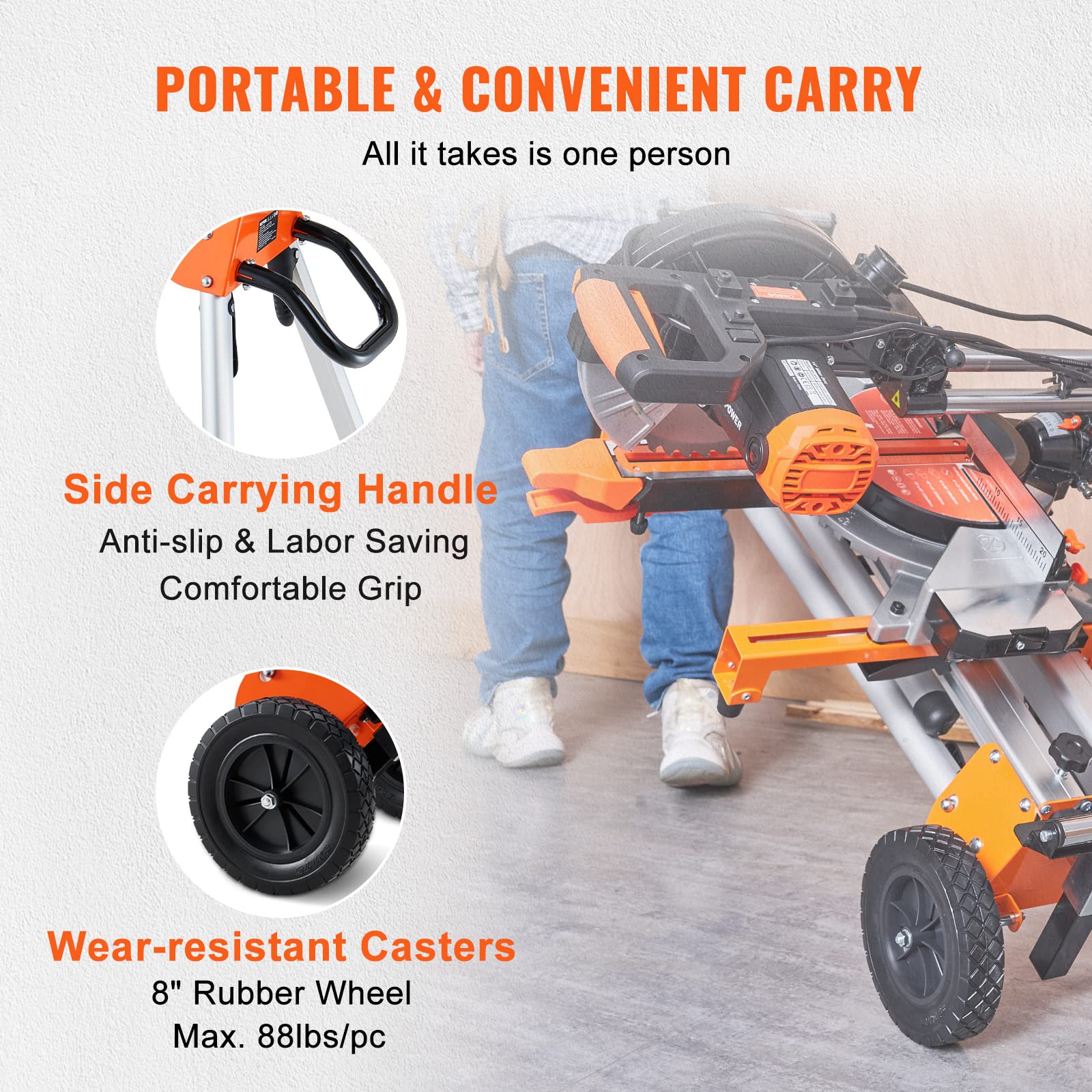 VEVOR 100-Inch Heavy Duty Folding Miter Saw Stand with Sliding Rail - Collapsible Rolling Stand with One-Piece Mounting Brackets, Clamps & Rollers - 500lbs Capacity - Perfect for Woodworking, Construction Sites & DIY Projects