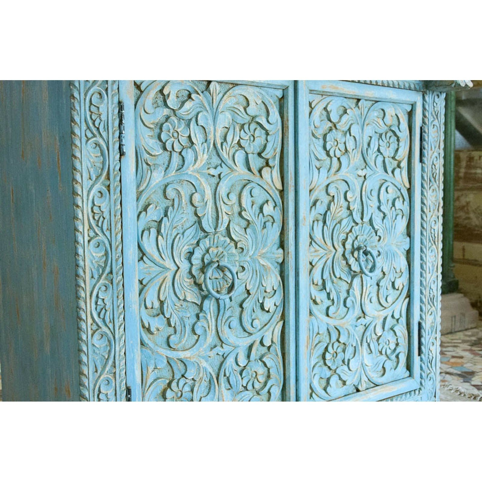 Rustic Blue Floral Carved Solid Wood Sideboard - Farmhouse Dining Room Buffet Cabinet for Home Decor & Storage