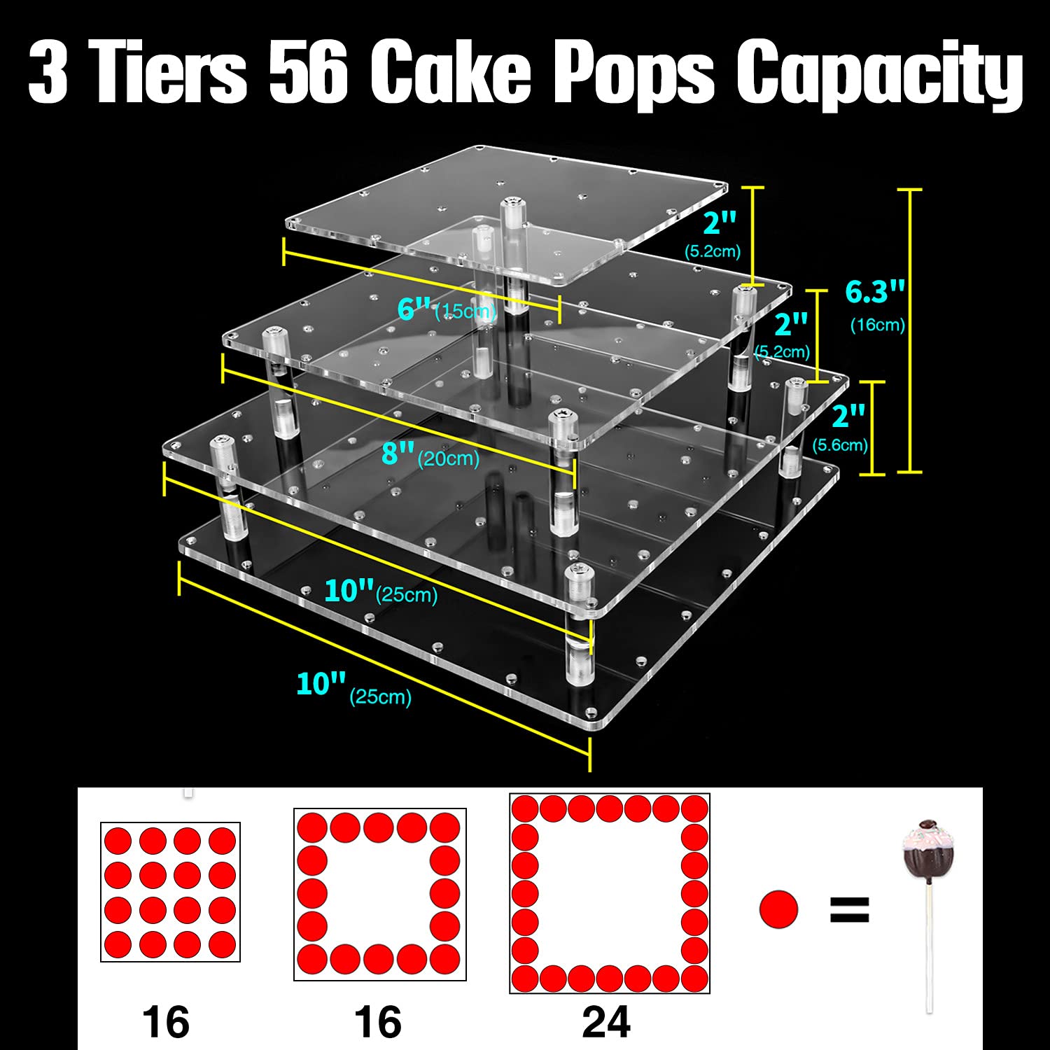 Goabroa 3-Tier Clear Acrylic Cake Pop Stand - 56 Hole Dessert Display Holder for Baby Showers, Weddings, Birthday Parties & Anniversaries | Perfect for Candy Buffets, Dessert Tables & Party Decorations