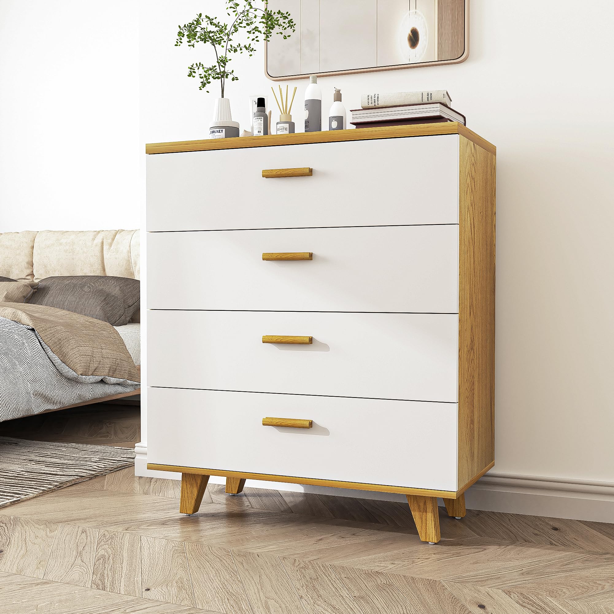 Modern White 4-Drawer Wood Dresser for Bedroom - Large Chest of Drawers & Nightstand, Perfect Bedside Table for Master Bedroom, Guest Room or Nursery Organization