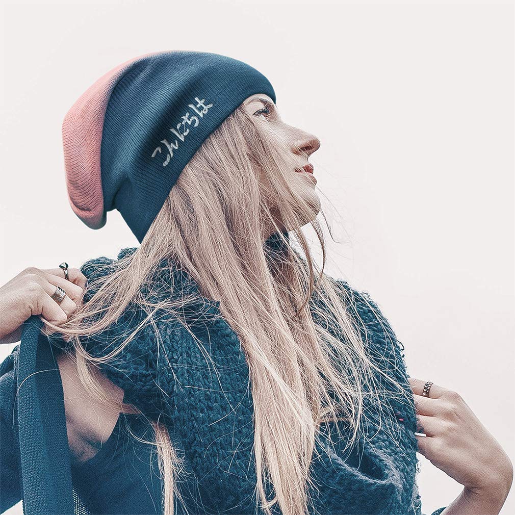 Japanese Hello Konnichiwa B Embroidered Slouchy Beanie for Men & Women - Soft Skull Cap for Winter Fashion, Streetwear, and Casual Outfits