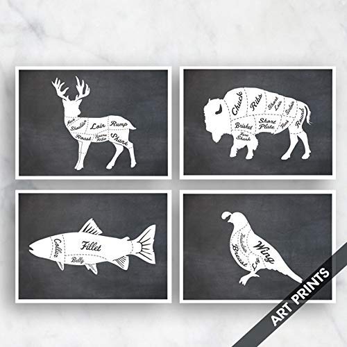Deer Venison Buffalo Salmon Quail - 5x7 Vintage Kitchen Decor Poster Set for Home & Restaurant