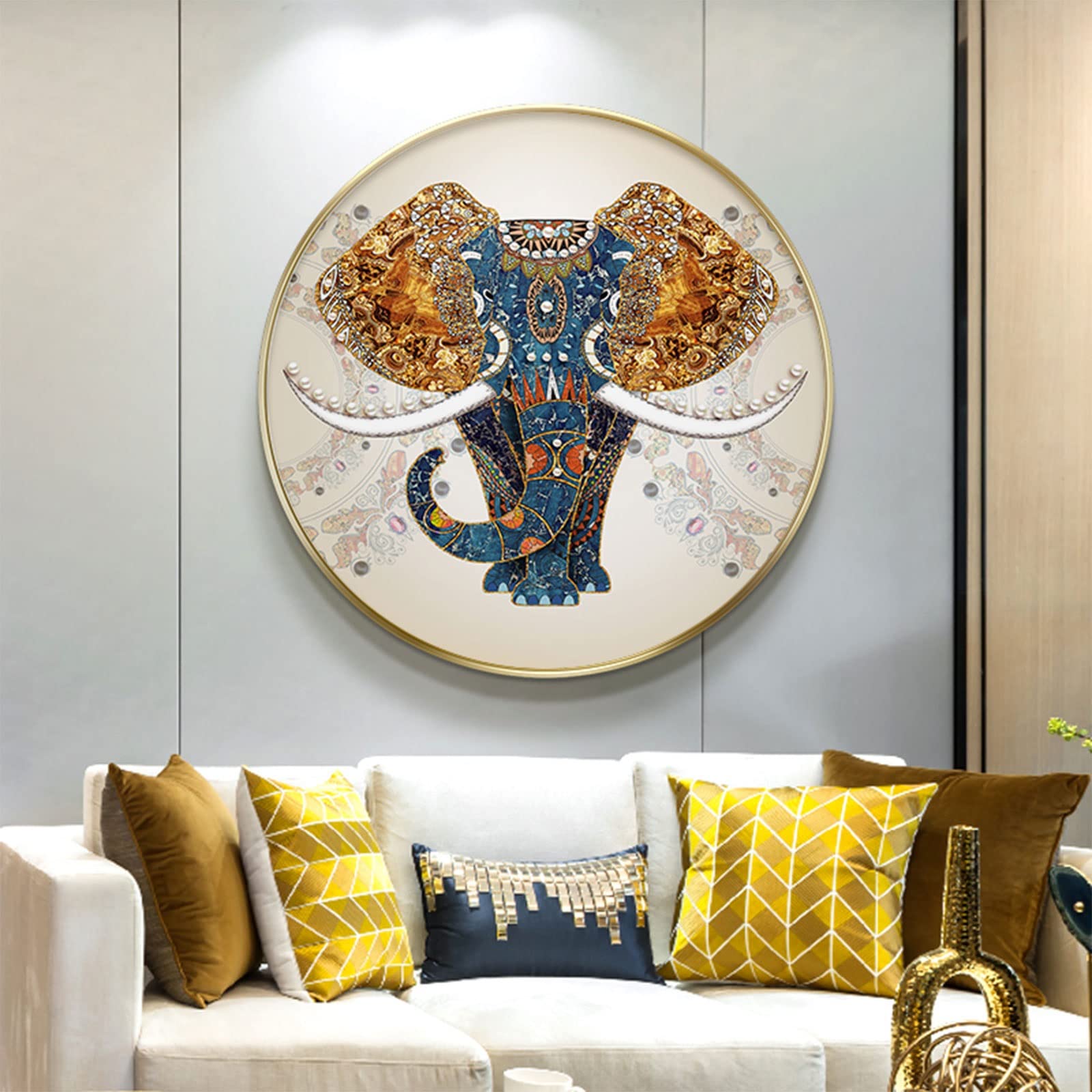 Minimalist Round Wall Art - Abstract Woman Line Art & Elephant Prints - Modern Home Decor for Living Room, Bedroom, Kitchen (Gold, 31.5 Inches) - Perfect for Boho Chic Interiors & Housewarming Gifts