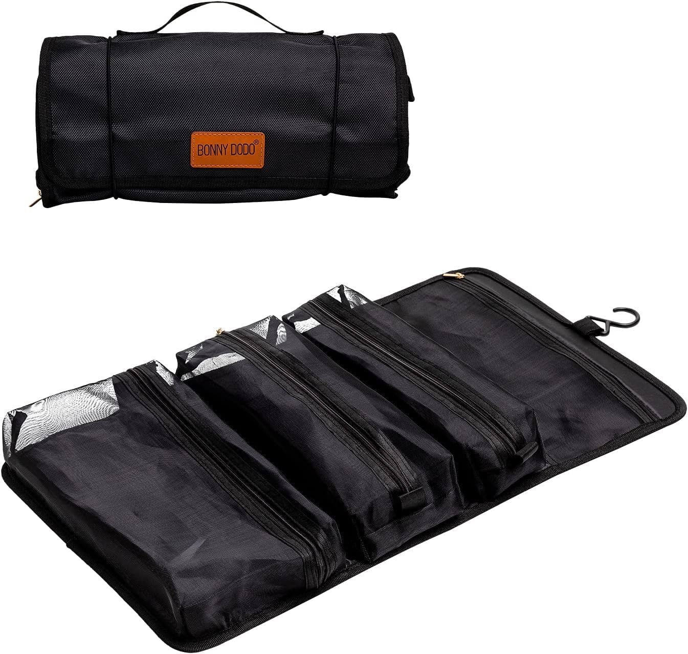 BONNY DODO Hanging Travel Toiletry Bag - Large Roll-Up Makeup Organizer with 3 Detachable Transparent Mesh Cosmetic Bags for Women & Men (Black) - Perfect for Vacation, Gym, Camping & Business Trips