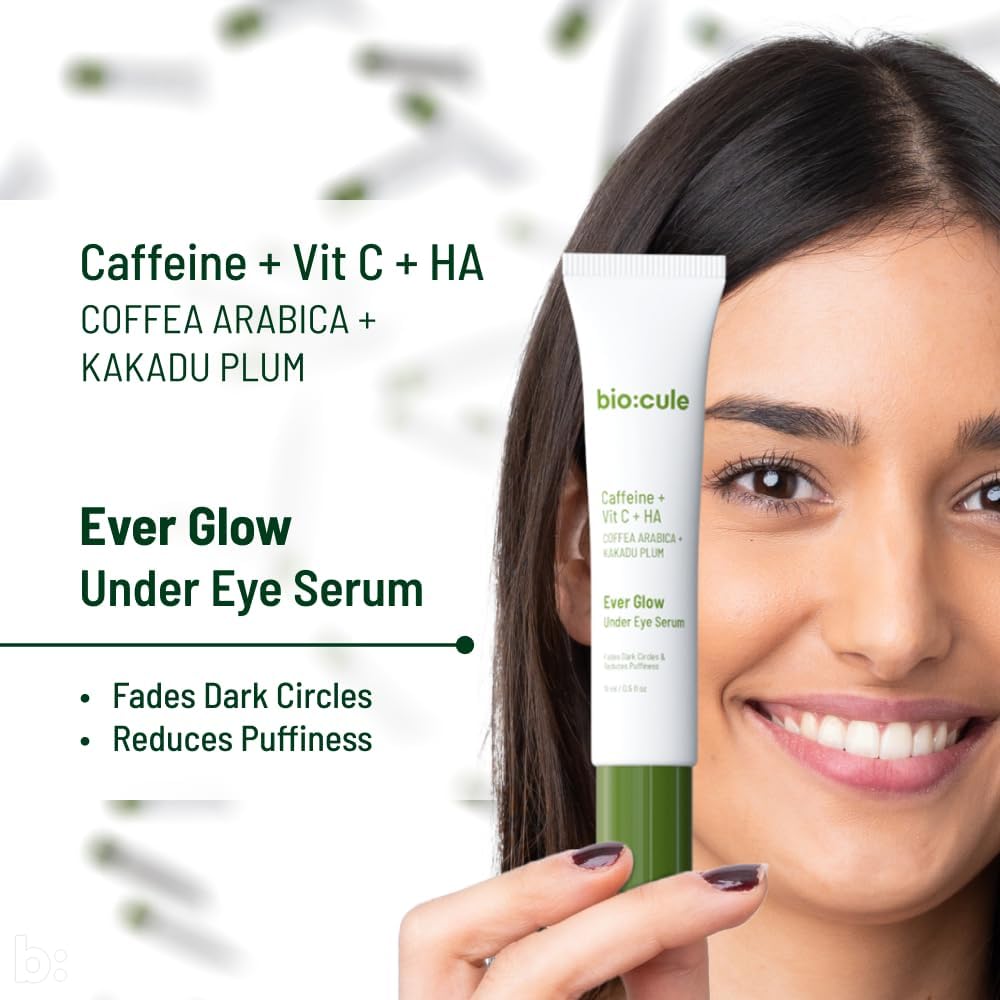 Biocule Ever Glow Under Eye Serum for Dark Circles & Puffiness - Caffeine, Vitamin C & Hyaluronic Acid Formula (15ml) | Brightening Eye Treatment for Dark Circles, Bags & Wrinkles | Perfect for Morning & Night Skincare Routine