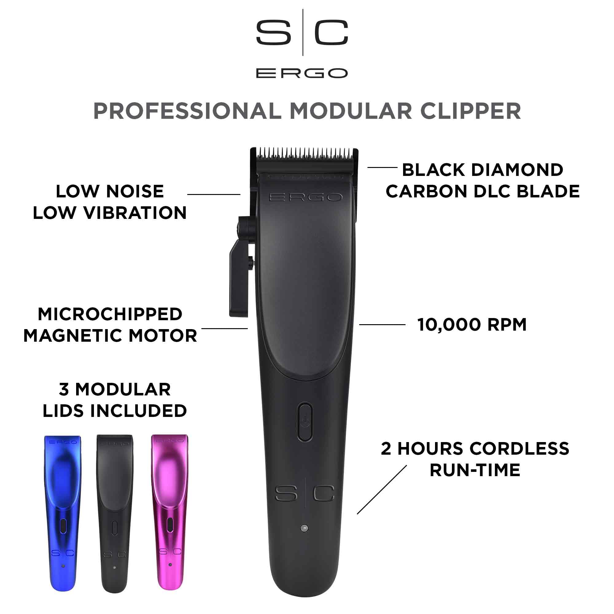 StyleCraft Ergo Professional Microchipped Magnetic Hair Clipper Set - 5 Guard Combs, Charging Stand & 3 Customizable Lids (Black, Pink, Blue) | For Men's & Women's Haircut, Beard Trimming & Pet Grooming at Home or Salon