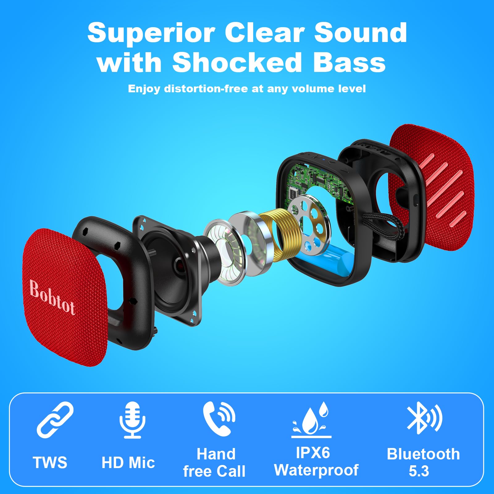 Bobtot Portable Bluetooth Speaker - IPX7 Waterproof, 16H Playtime, 10W Stereo Sound, TWS, Built-in Mic, Mini Size with Lanyard, Red - Perfect for Shower, Outdoor, and Travel