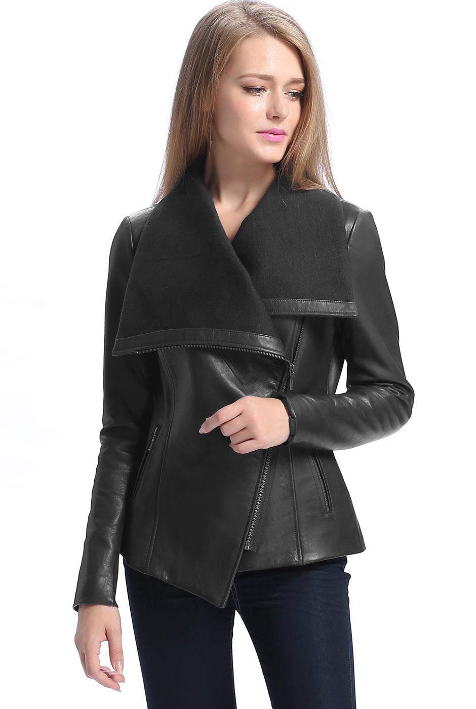 BGSD Women's Lily Lambskin Leather Drape Jacket - Plus Size & Petite Available | Elegant Outerwear for Office, Dinner Parties & Special Occasions