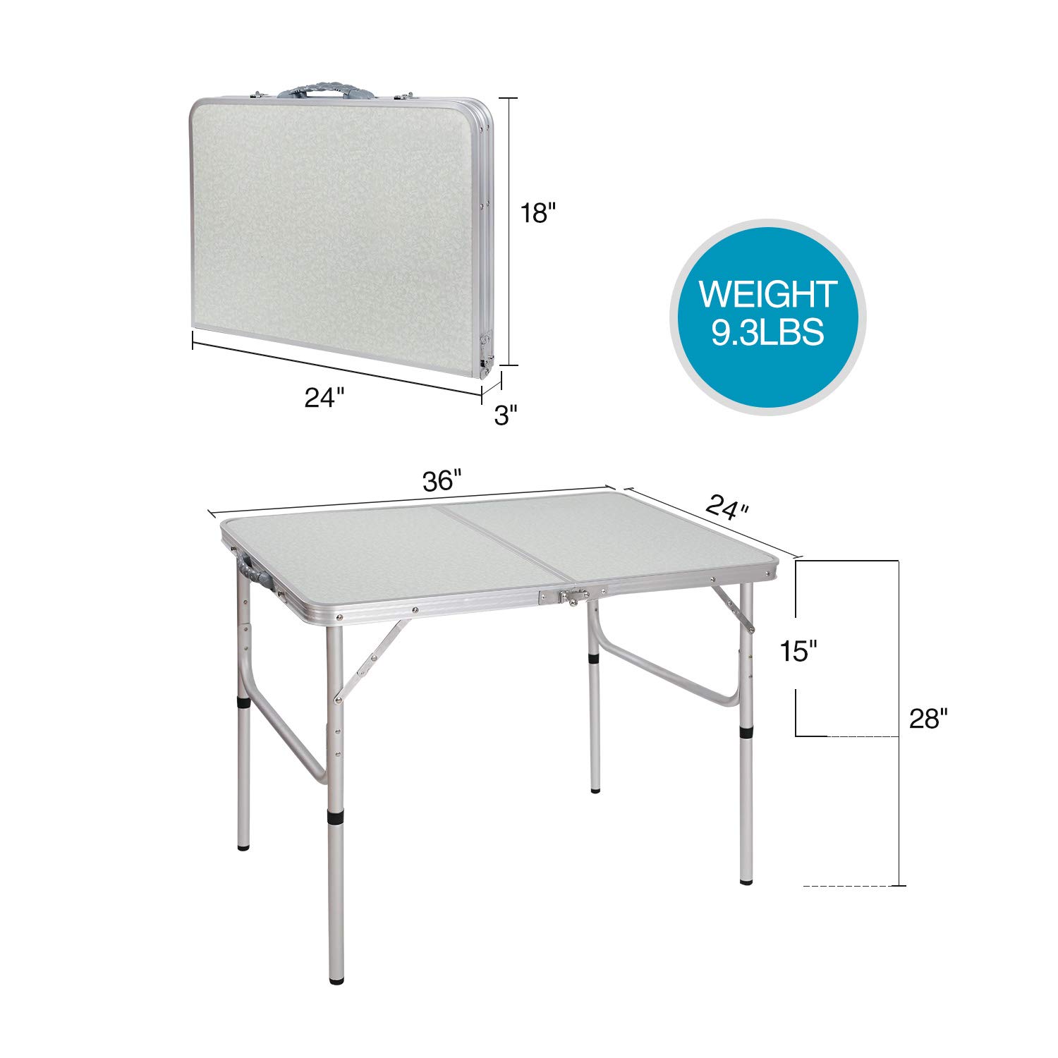 3 FT Lightweight Portable Aluminum Folding Camping Table with Adjustable Legs - Perfect for Outdoor Cooking, Picnics, Camping & Tailgating - Compact & Sturdy White Design