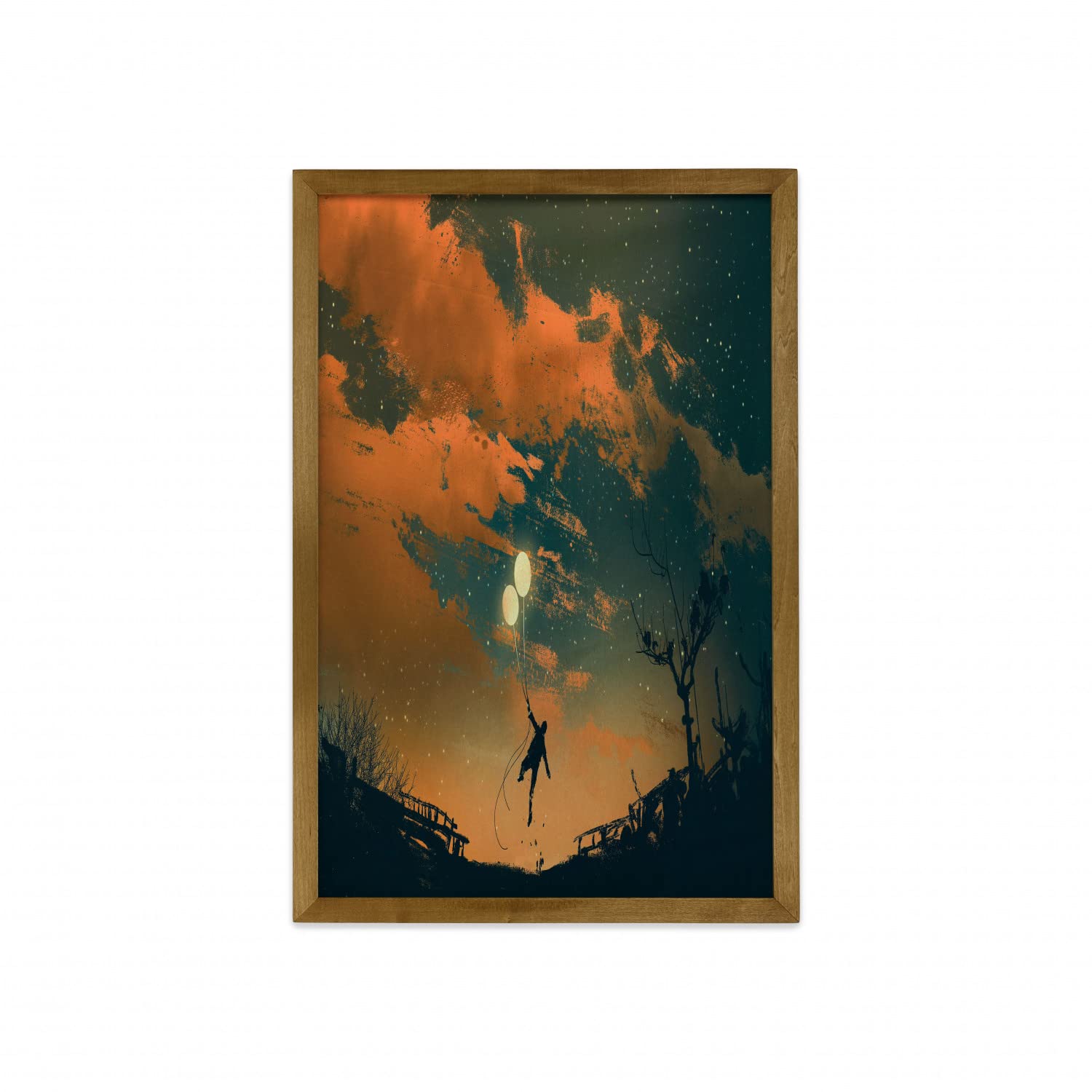 Ambesonne Fantasy Framed Wall Art - Flying Man with Balloons in Starry Night Sky, Freedom & Fun Theme Illustration, Fabric Poster with Walnut Wood Frame - 23