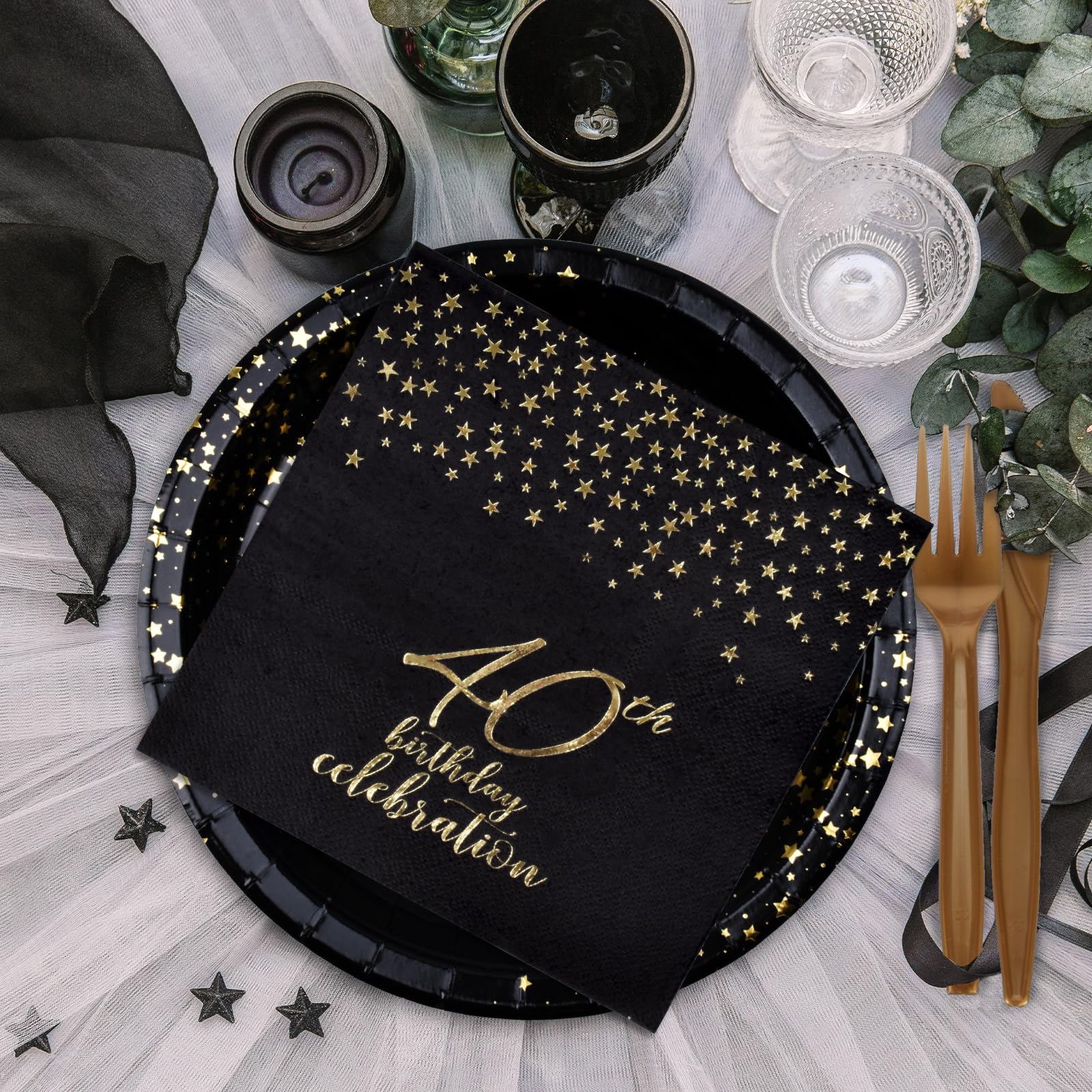 Gatherfun 40th Birthday Party Supplies Set - 40 Disposable Paper Plates, Napkins, Cups, Cutlery & Tablecloth - Black & Gold Decorations for Men & Women (Serves 25) - Perfect for Anniversary Celebrations, Milestone Parties & Special Occasions