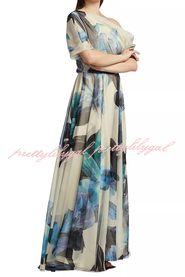 Bohemian One Shoulder Maxi Dress with Unique Print - Flowy Short Sleeve Summer Beach Dress for Women | Perfect for Vacations, Music Festivals & Boho Chic Outfits