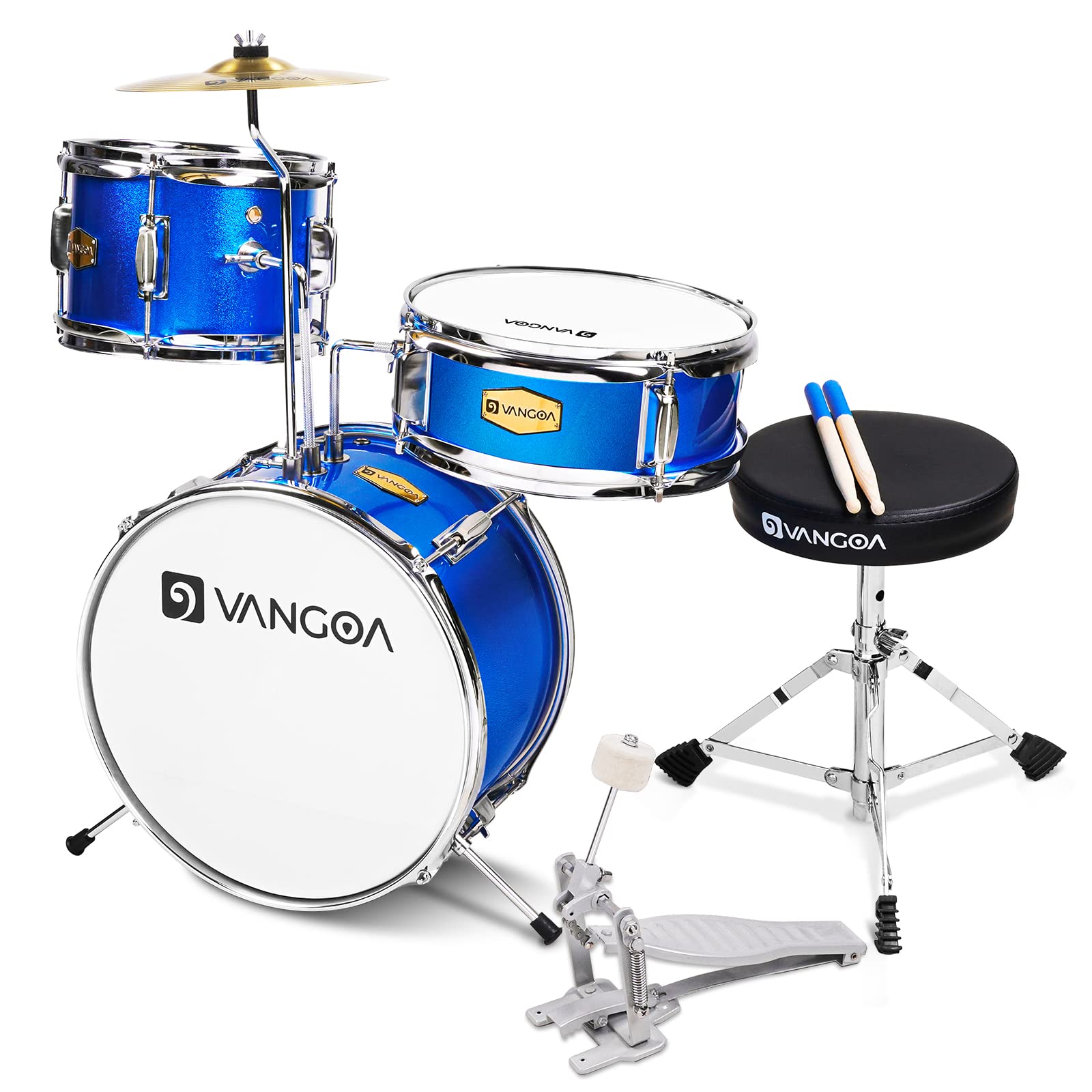 Vangoa 3-Piece 14 Inch Junior Drum Set for Kids Age 3-7 - Complete Beginner Drum Kit with Snare, Tom, Bass Drum, Pedal, Throne, Cymbals & Sticks (Blue) - Perfect for Home Practice, Music Lessons & First-Time Drummers