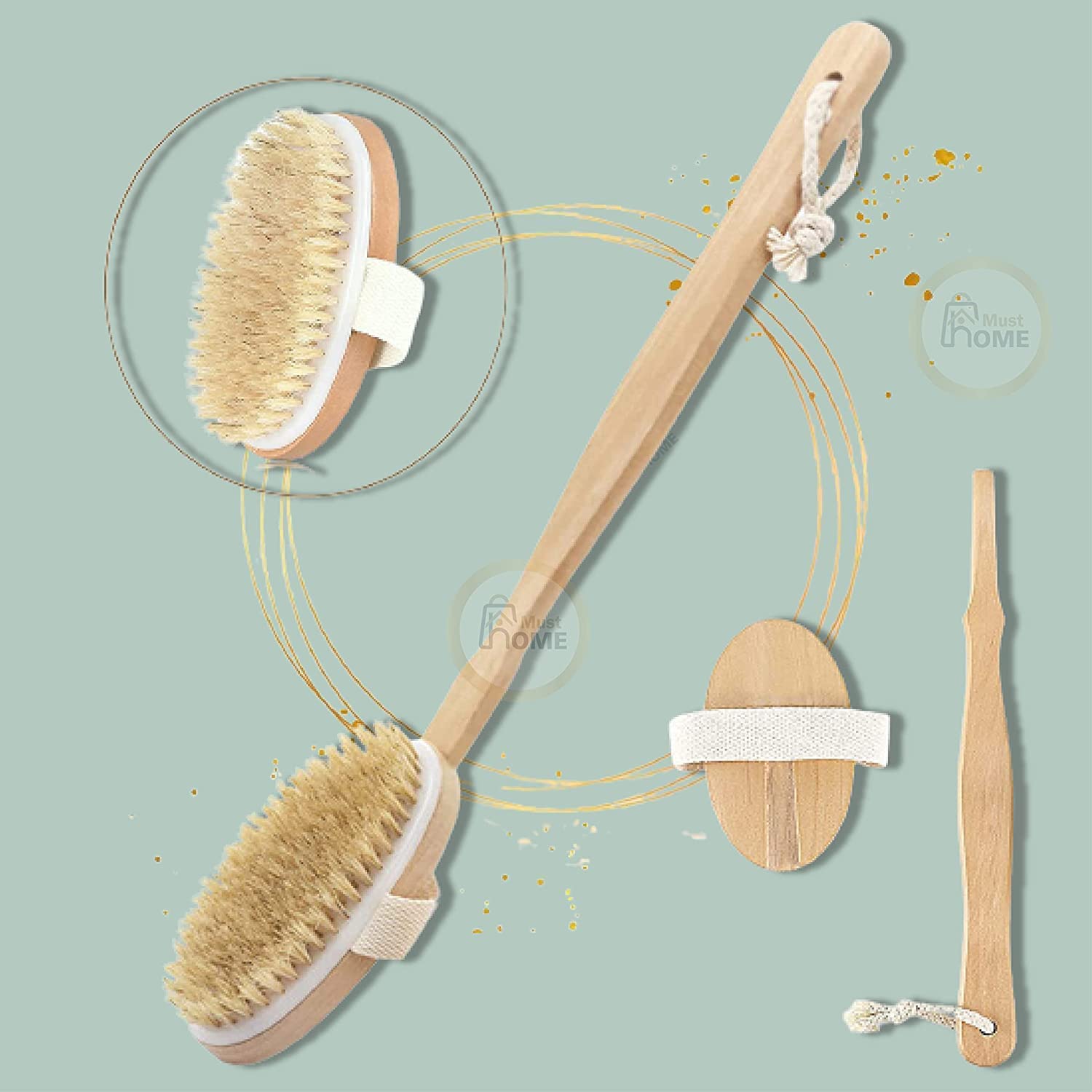 MustHome Natural Bristle Dry Brushing Body Brush - Exfoliating Scrubber for Bathing & Dead Skin Removal - Brown Wooden Handle for Spa, Shower & Self-Care Routine