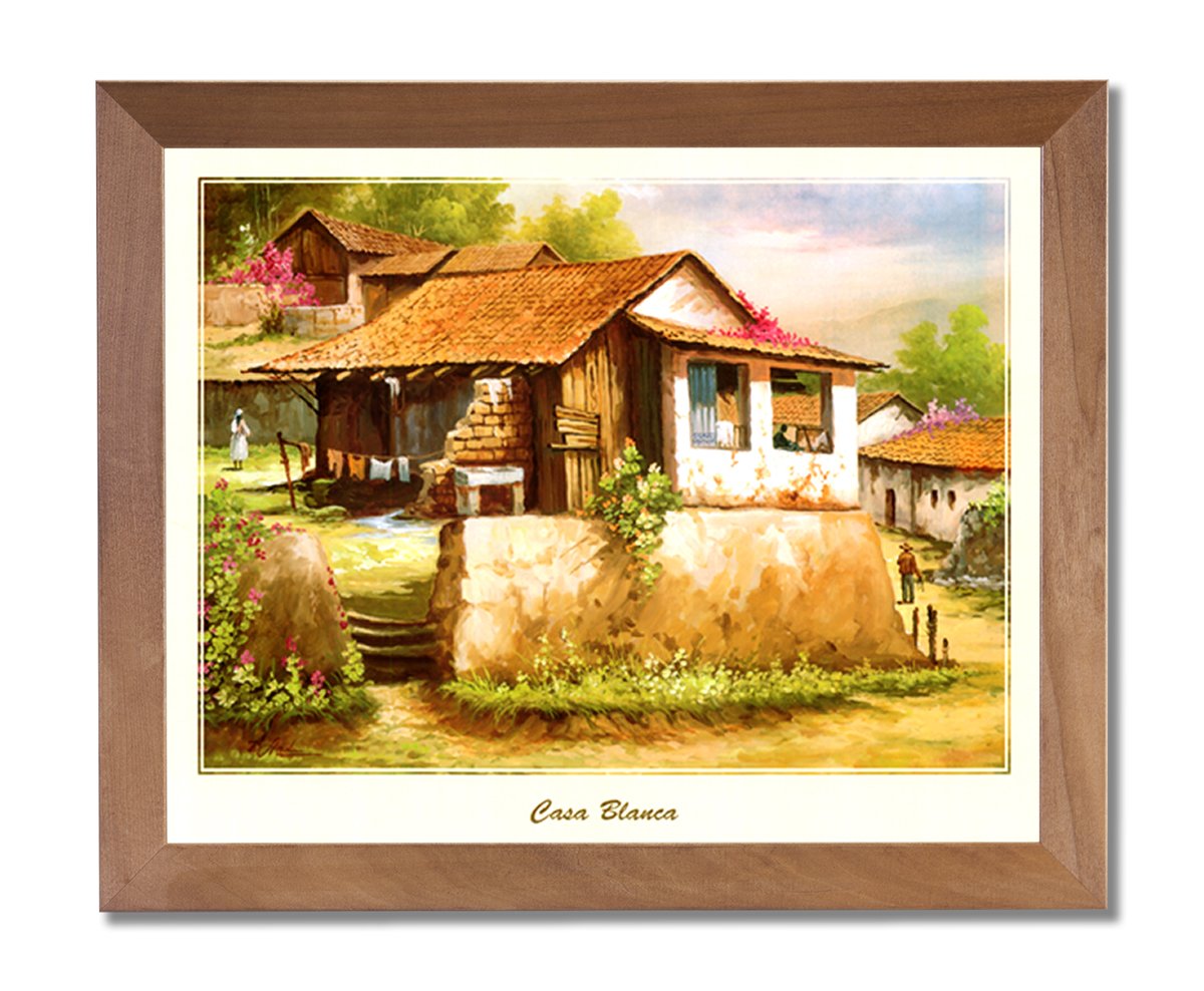 Authentic Mexican Casa Blanca Spanish Landscape Wall Art - Handcrafted Honey Framed Canvas Print for Home & Office Decor | Perfect for Living Room, Bedroom, or Spanish-Themed Interior Design