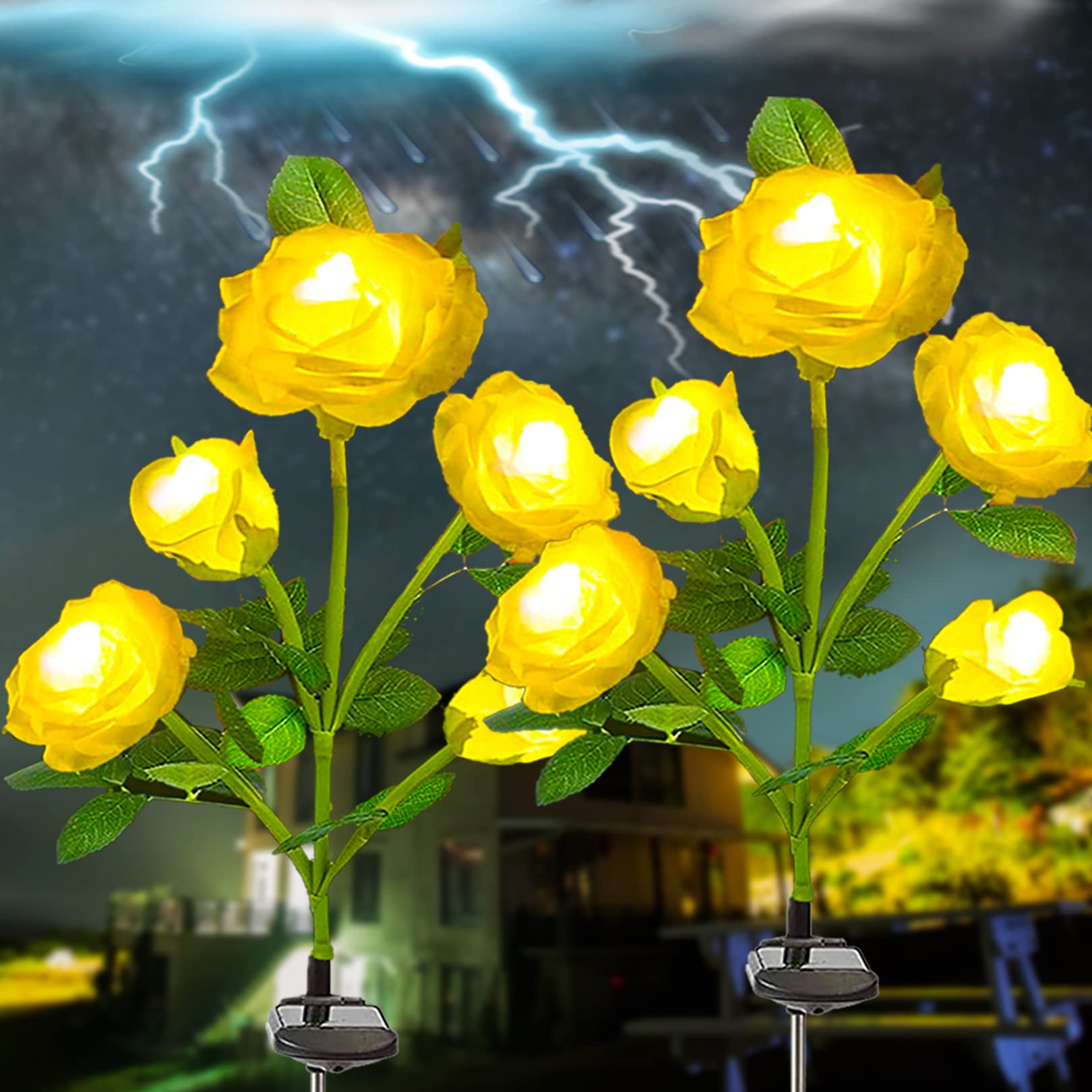 SmilingTown Solar Garden Stake Lights 2 Pack - 10 Rose Flowers Outdoor Solar Pathway Lights, Waterproof Landscape Lighting for Yard, Lawn, Pathway, Courtyard, Cemetery (Yellow) | Perfect for Evening Garden Decor & Memorial Tributes