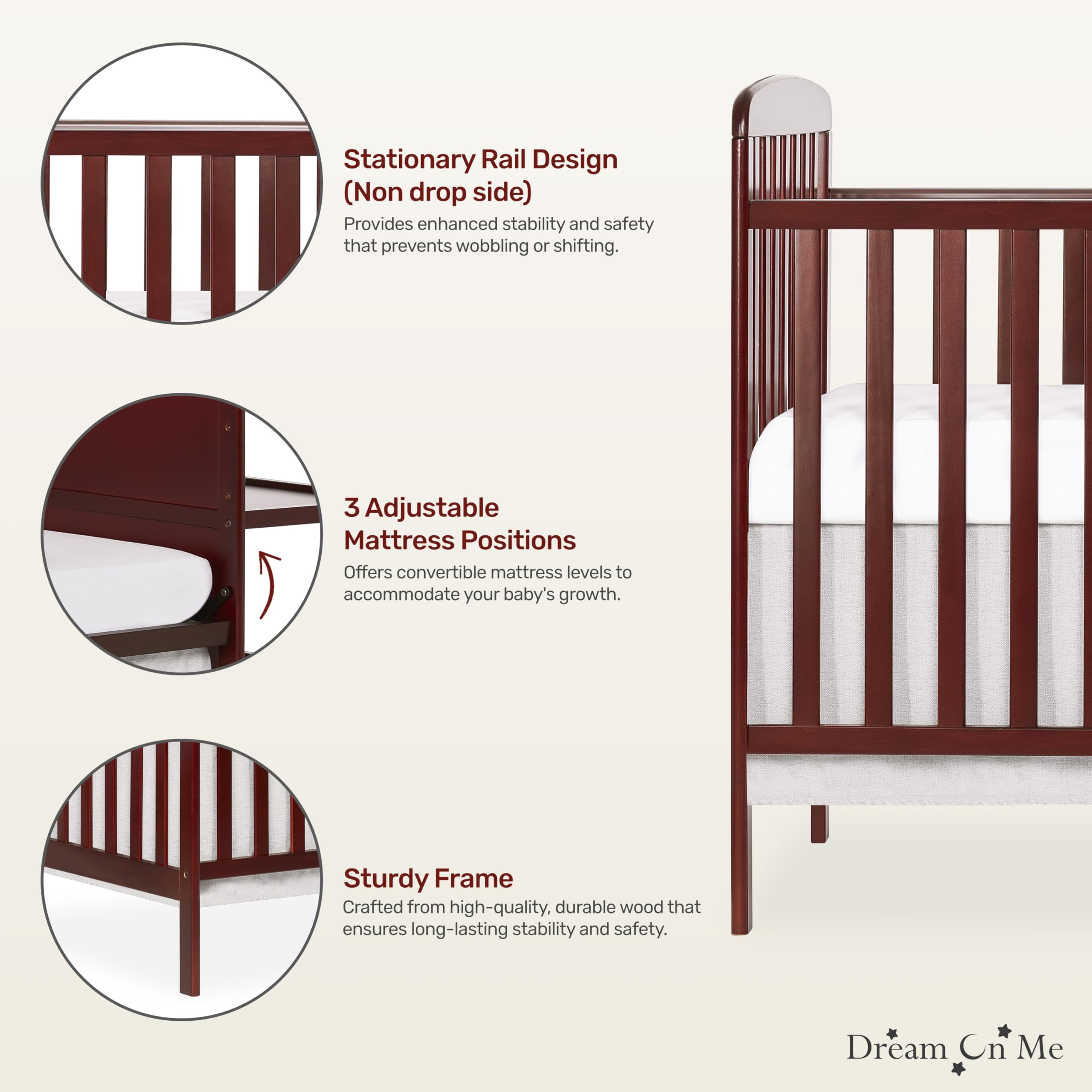 Dream On Me Anna 3-in-1 Convertible Crib with Changing Table - Cherry Wood, Greenguard Gold Certified, Non-Toxic Baby Nursery Furniture Set with 1