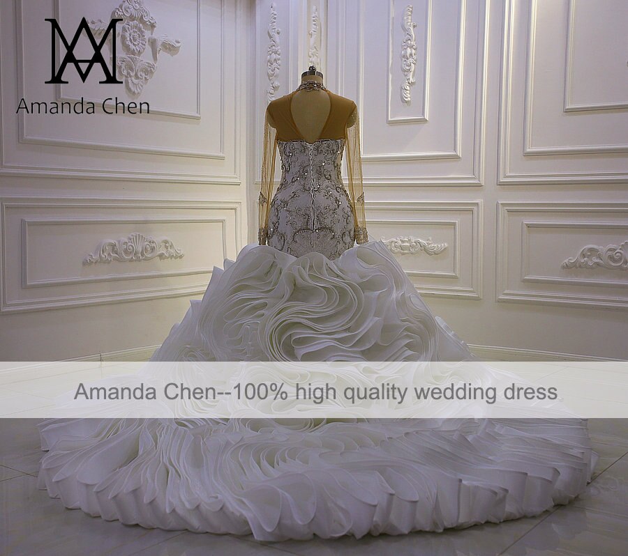 Elegant African Bride White Wedding Dress with Crystal Beading, Full Sleeve & Ruffle Mermaid Train – Perfect for Beach, Church, and Luxury Bridal Ceremonies