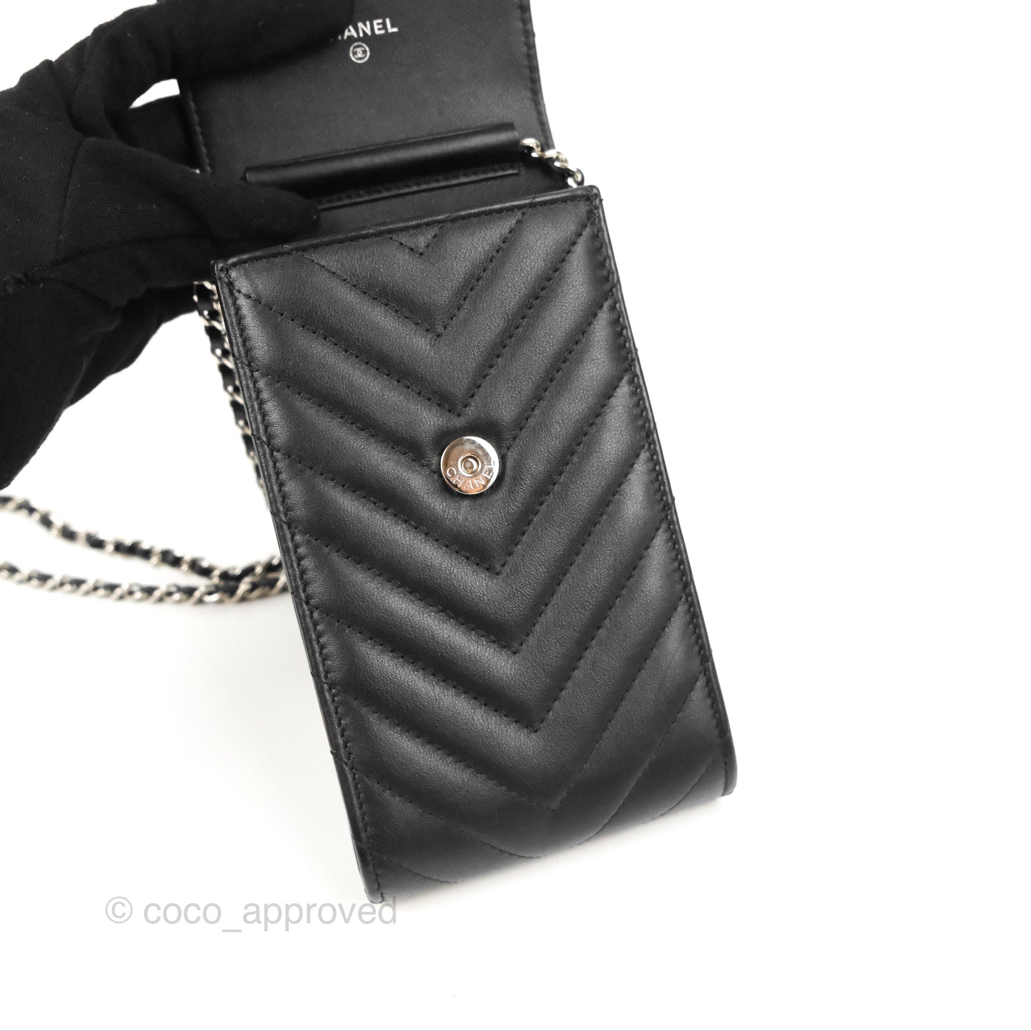 Chanel Classic Chevron Phone Holder - Black Calfskin with Silver Hardware | Luxury Phone Accessory for iPhone & Samsung | Perfect for Office, Travel & Daily Use