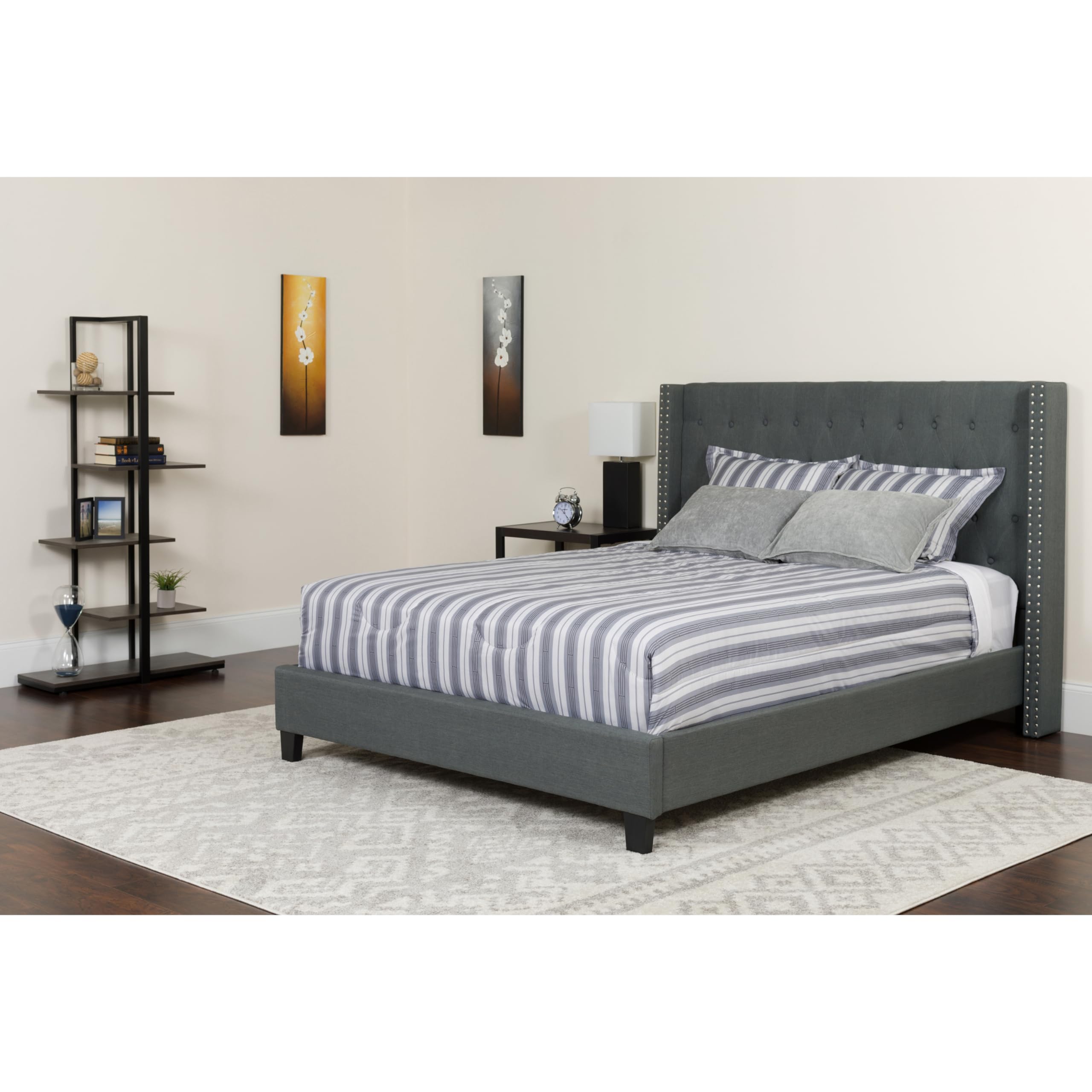 Dark Gray Fabric Twin Size Accent Extended Panel Platform Bed with Mattress - Perfect for Kids' Rooms, Guest Bedrooms & Small Spaces
