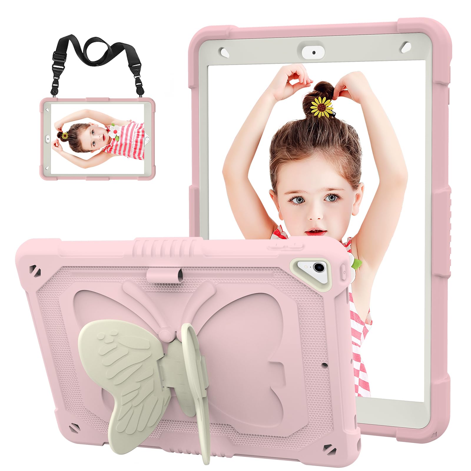 Shockproof Kids iPad Case for iPad 9th/8th/7th Gen & iPad Air 3rd Gen 10.2 Inch - Pink Butterfly Design with Pencil Holder, Adjustable Stand & Shoulder Strap | Perfect for School, Travel & Home Use