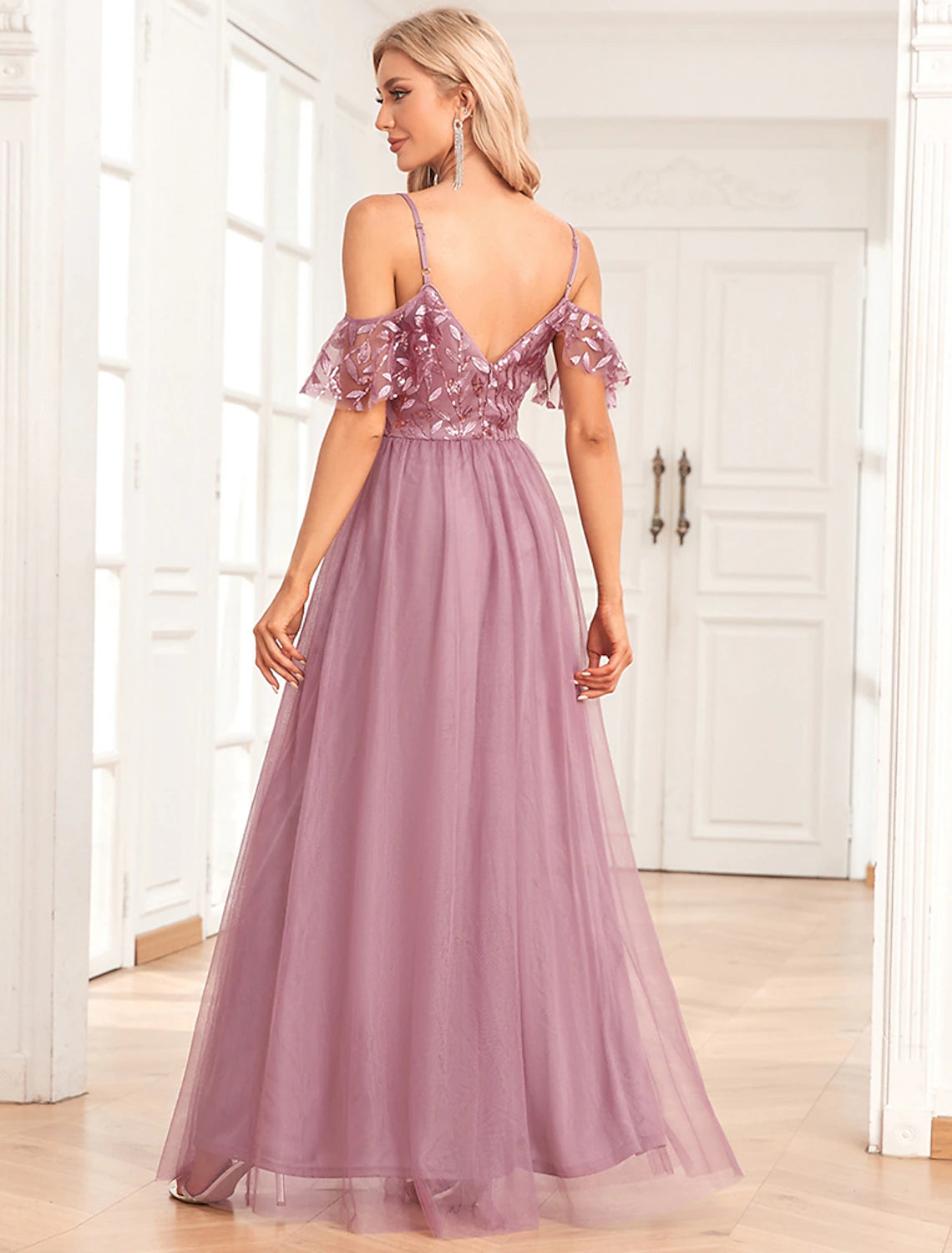 Elegant A-Line Evening Gown - Floor Length Sleeveless Bridesmaid Dress with Tulle V-Back & Sequin Embroidery | Perfect for Formal Parties, Weddings, Prom & Special Occasions