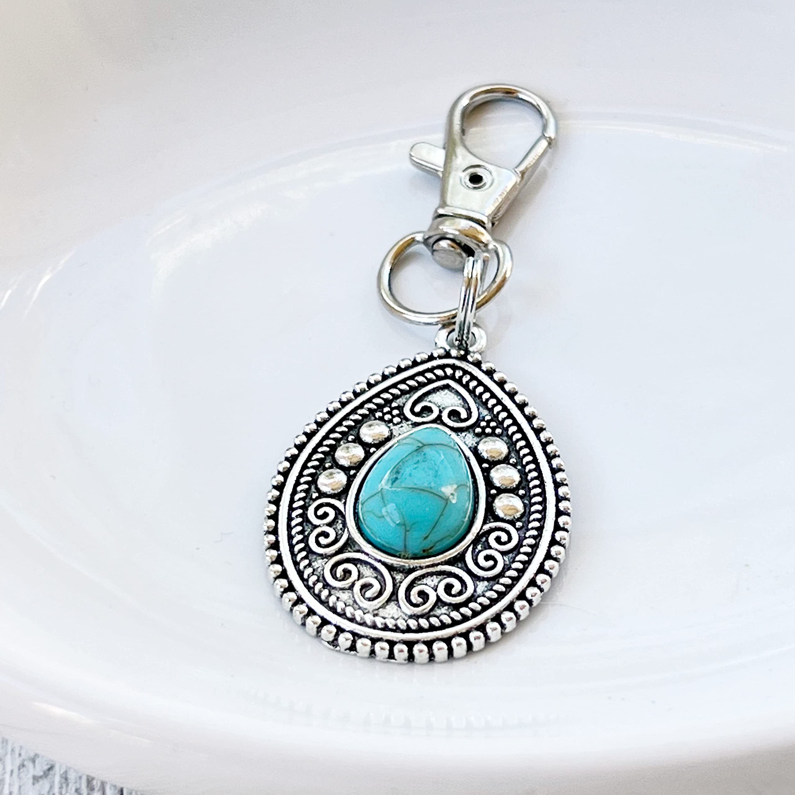 Silver Boho Western Medallion Turquoise Zipper Pull - Handmade Custom Zipper Charms for Backpacks, Purses & Camera Bags | Unique Handbag Jewelry & Cool Keychain Accessories | Perfect for Boho Style Lovers & Western Fashion Enthusiasts