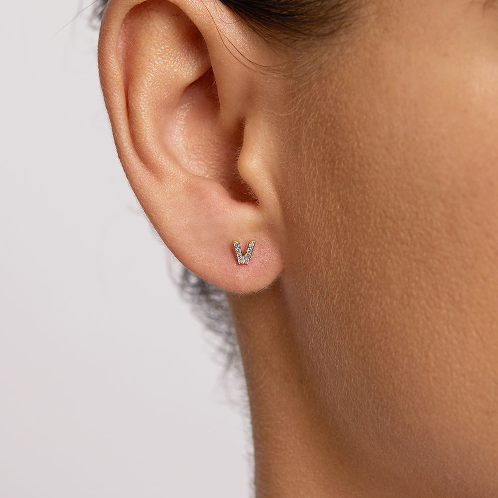 Diamond Letter V Single Stud Earring in Sterling Silver - Perfect for Gifts, Birthdays & Everyday Elegance