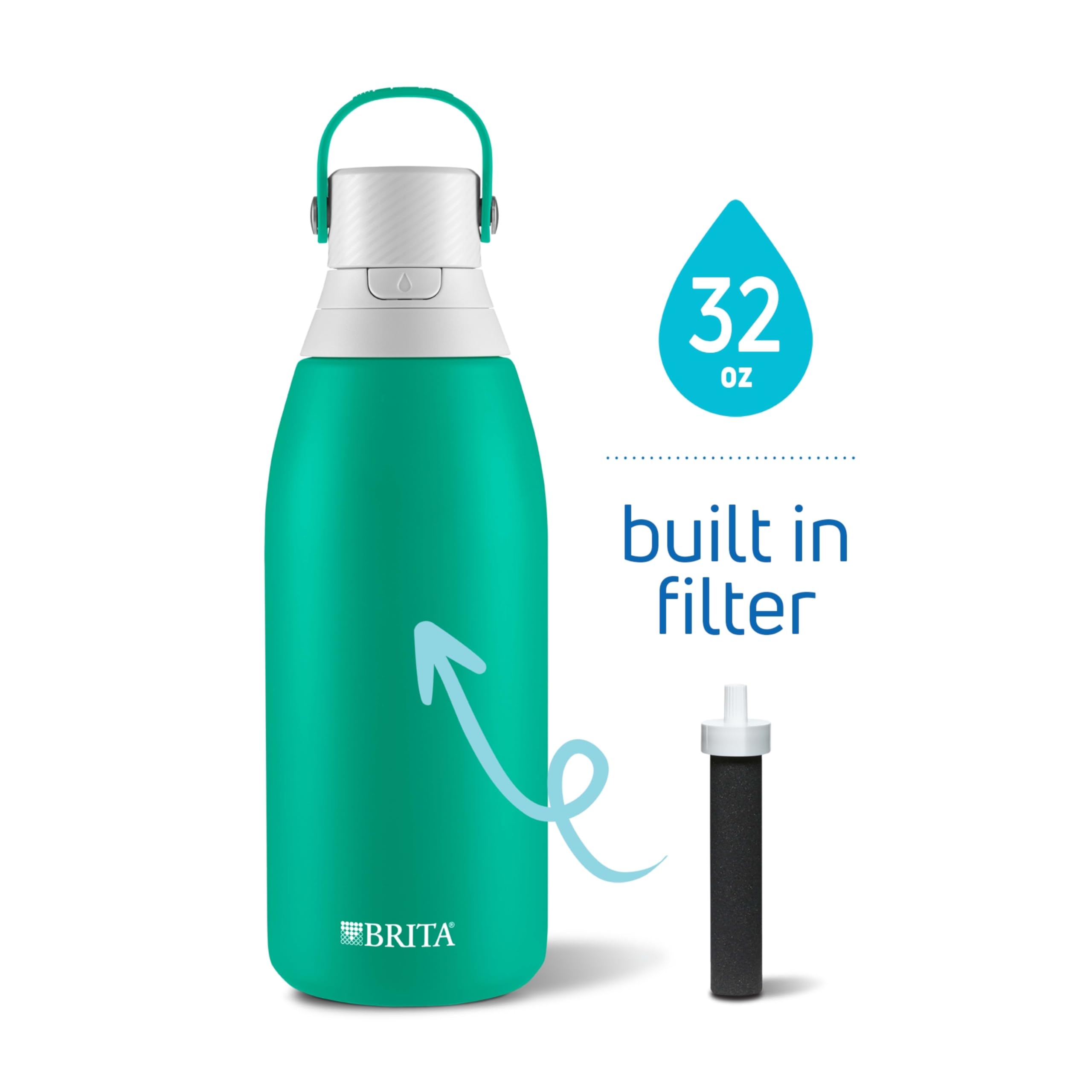 Brita Insulated Stainless Steel Water Bottle with Straw - 32oz Reusable Filtered Bottle for Gym, Hiking & Travel - Jade Green