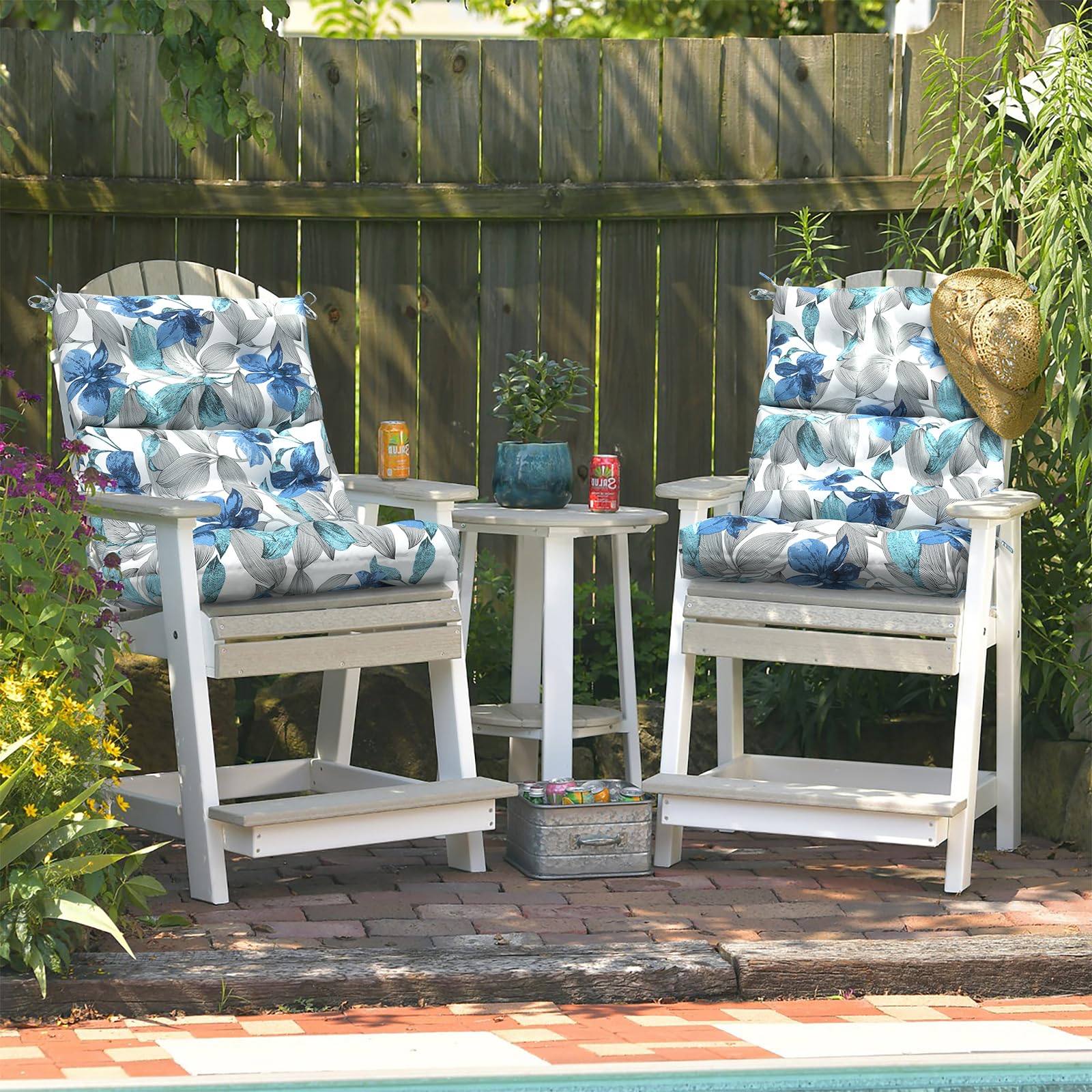 LVTXIII Outdoor Tufted High Back Cushions Set of 2 - Patio Rocking Chair Replacement Cushions with Ties, Solid Seat & Back Support (44”L x 22”W, Clemens Noir Blue) - Perfect for Porch, Garden & Outdoor Relaxation