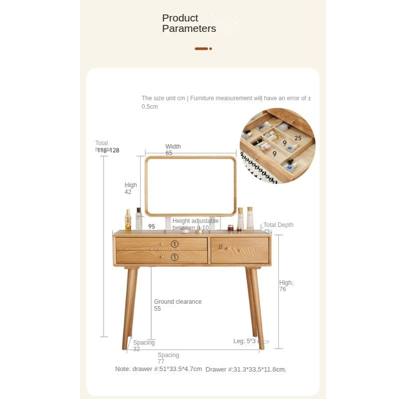 Stylish Oak Solid Wood Modern Dressing Table with Large Mirror - Perfect for Bedroom Vanity, Makeup Station & Home Decor