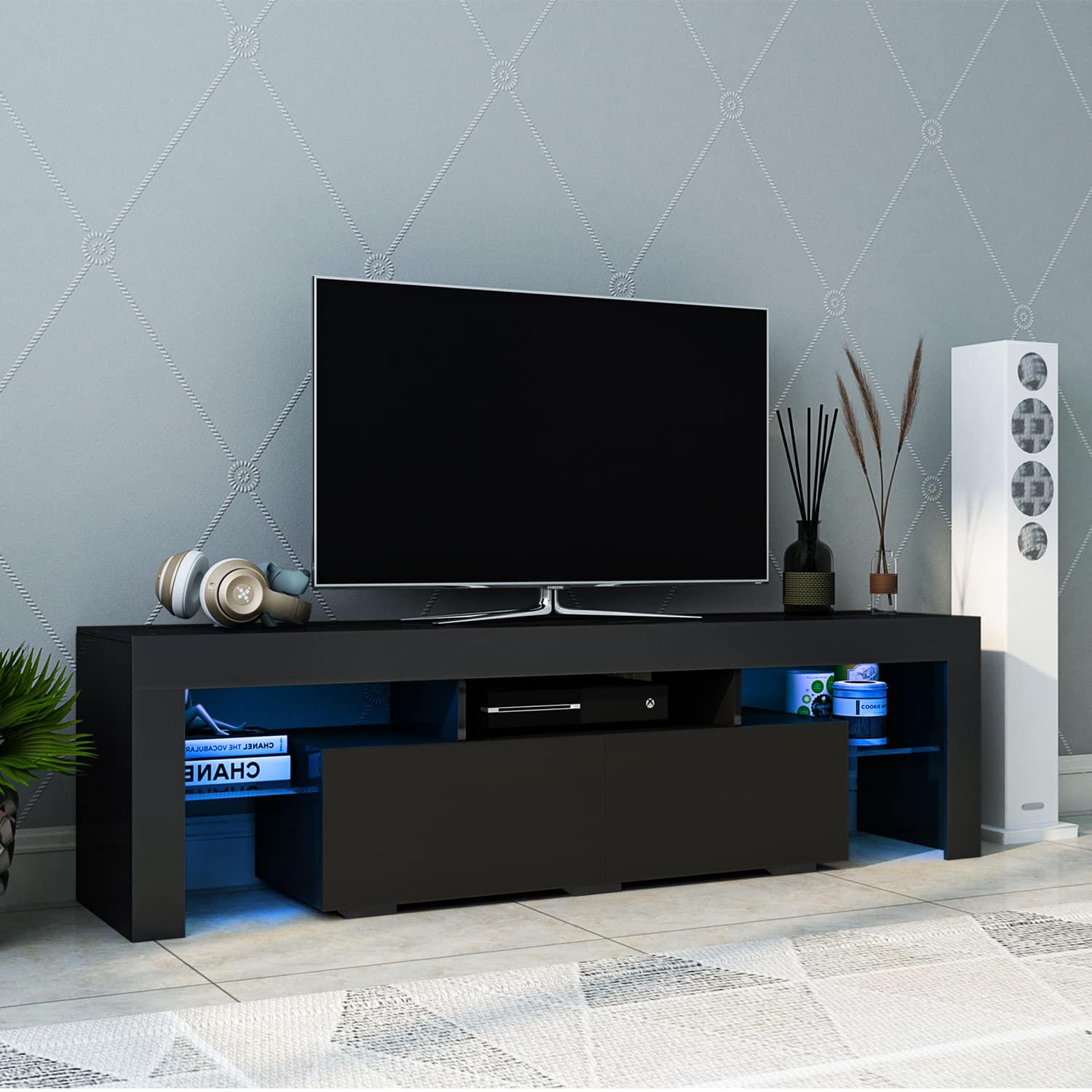 Modern Black TV Stand with LED Lights - 70 Inch Entertainment Center, Media Console with 2 Drawers & Open Shelves for Living Room, Bedroom, Home Theater Storage