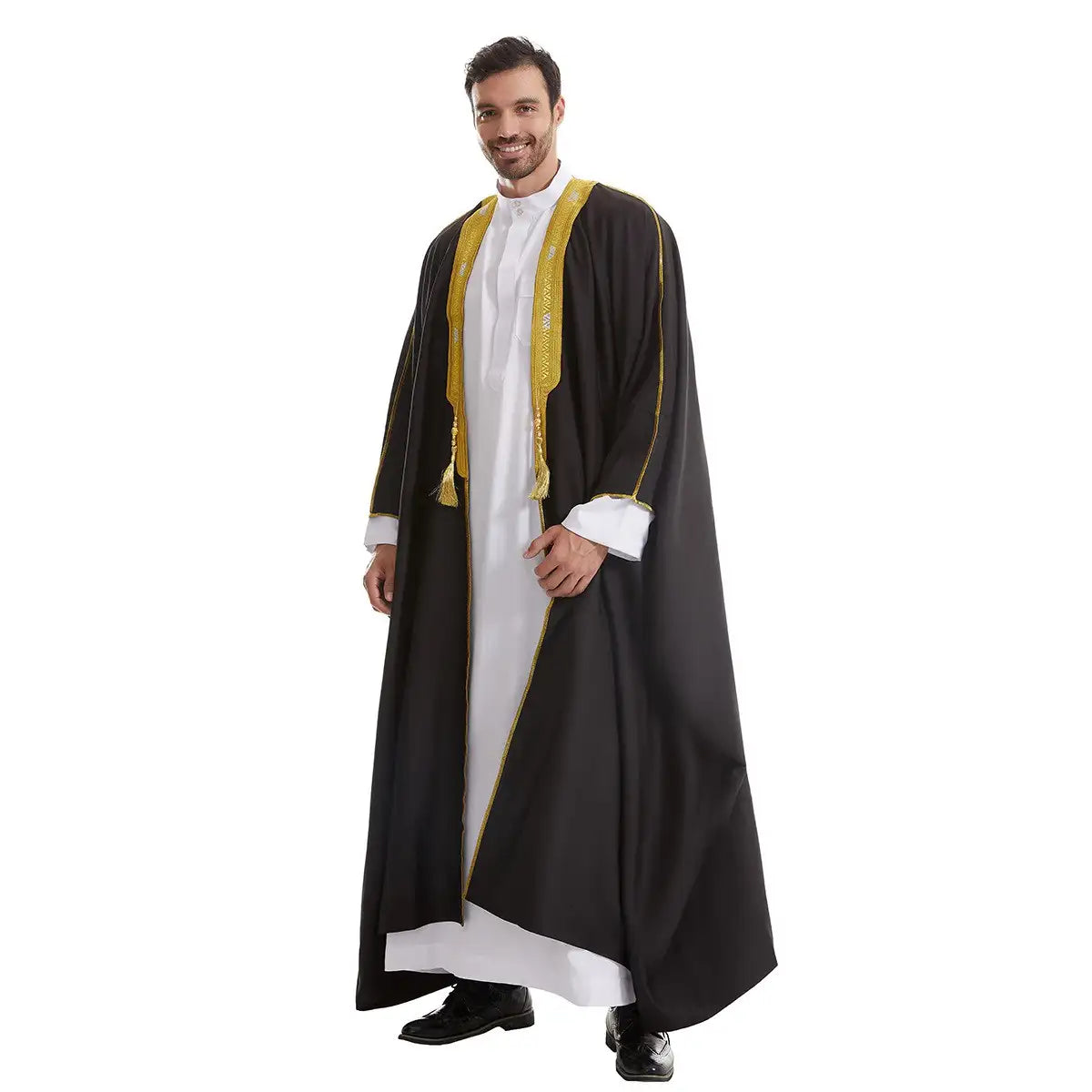 Urgarment Men's Bisht - Middle Eastern Arab Thobe Robe - Thick Premium Fabric - Black/Beige/White/Tan - Perfect for Weddings, Eid Celebrations & Special Occasions