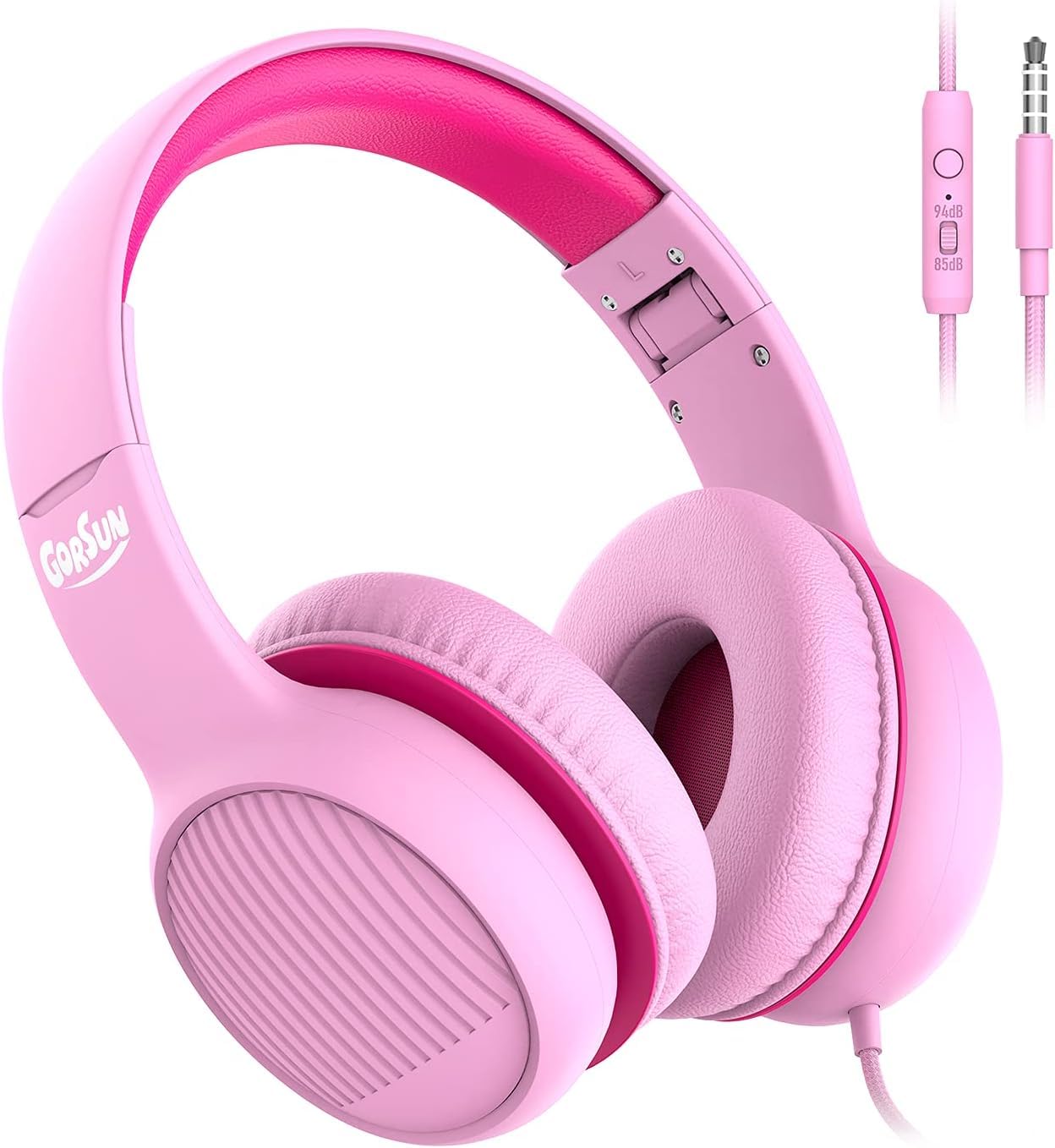 Gorsun Wired Kids Headphones with Volume Limiter (85dB/94dB) - 3.5mm Corded Toddler Headset with HD Mic, Audio Sharing & Foldable Design - Perfect for School, Travel & Online Learning (Pink)