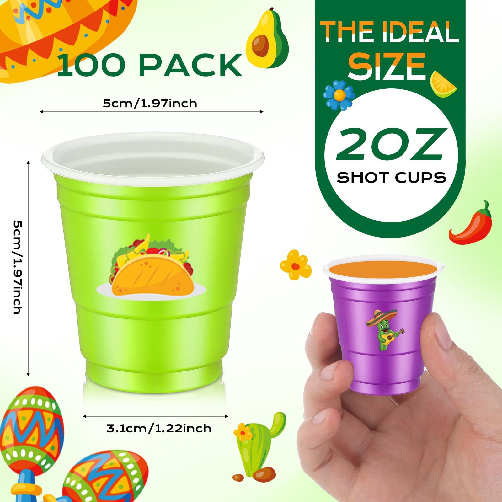 Gerrii 100 Pcs 2 oz Disposable Plastic Shot Glasses - Cactus Design Mexican Party Cups for Tequila, Margaritas & Cocktails - Perfect for Birthday, Wedding & Fiesta Decorations