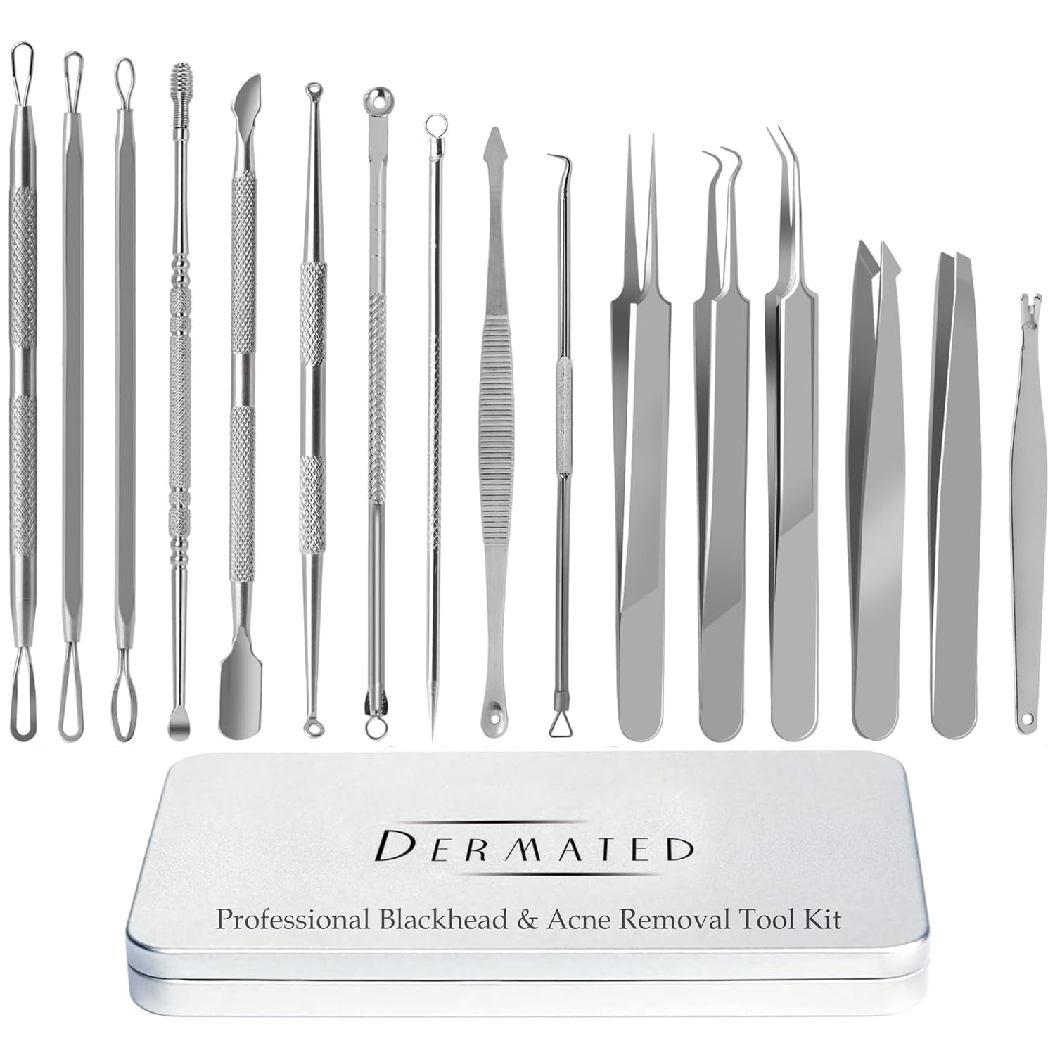 16 Pcs Blackhead Remover Kit - 2025 Professional Stainless Steel Pimple Extractor Tools for Blackheads, Acne, Whiteheads & Blemishes | Perfect for Facial & Nose Care | Ideal for Home Spa, Travel & Daily Skincare Routine