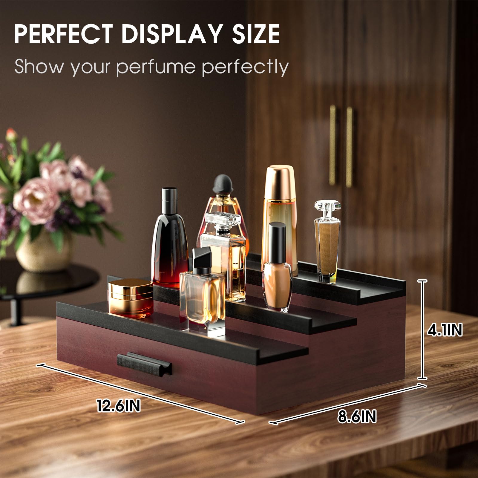Premium 3-Tier Wooden Cologne Organizer for Men - Perfume Display Shelf with Drawer Storage, Fragrance Organization & Display Risers - Perfect Gift for Him, Dad, Husband (Burgundy Black) - Ideal for Bedroom Vanity, Bathroom Counter & Dresser Top Organization