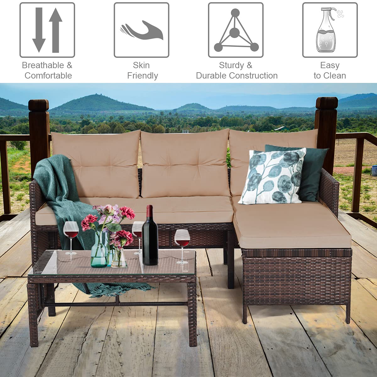 LDAILY 3-Piece Outdoor Patio Furniture Set - Waterproof Wicker Rattan Sofa with Cushions, Lounge Chaise - Perfect for Garden, Poolside, Backyard & Outdoor Conversations (Ideal for Relaxing, Entertaining & Sunbathing)
