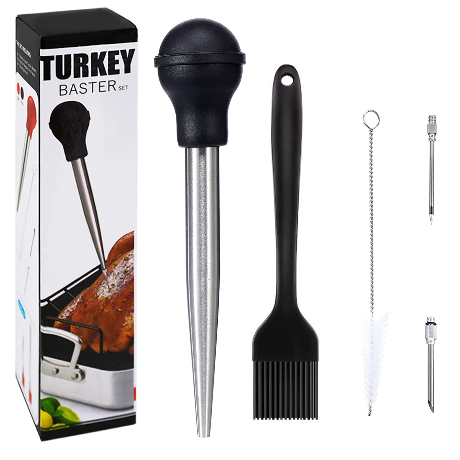 Professional Turkey Baster Set - 5 Pcs Stainless Steel Meat Syringe with Cleaning Brush for Marinating Beef, Pork & Fish - Perfect for Thanksgiving & Christmas Cooking
