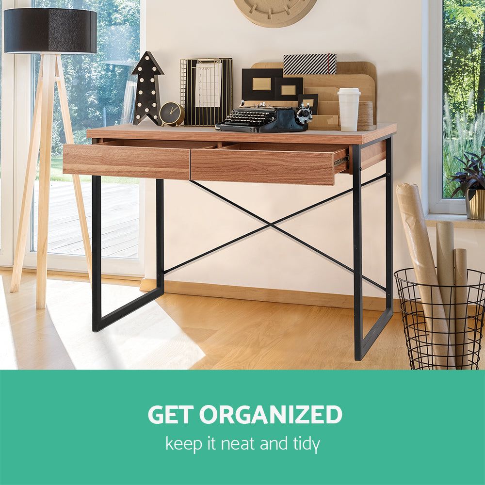 Karl 1000mm Modern Metal Office Desk with Storage Drawer - Walnut Finish for Home Office & Workspace