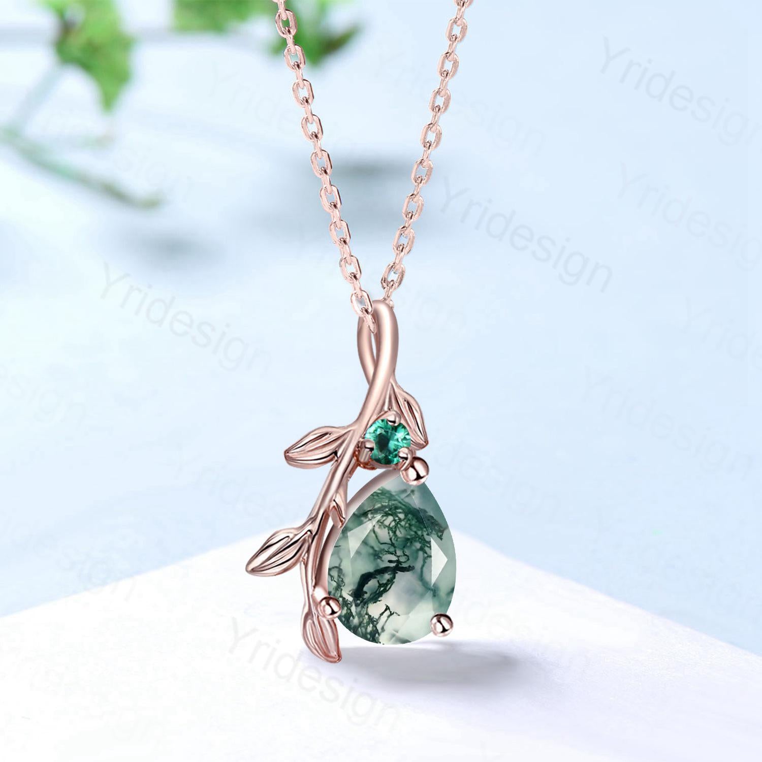 Natural Inspired Pear Shaped Moss Agate Pendant Necklace - Leaf Branch Emerald Silver & Rose Gold Green Agate Jewelry for Women - Perfect Promise, Anniversary & Birthday Gift for Her - Ideal for Weddings, Date Nights & Special Occasions