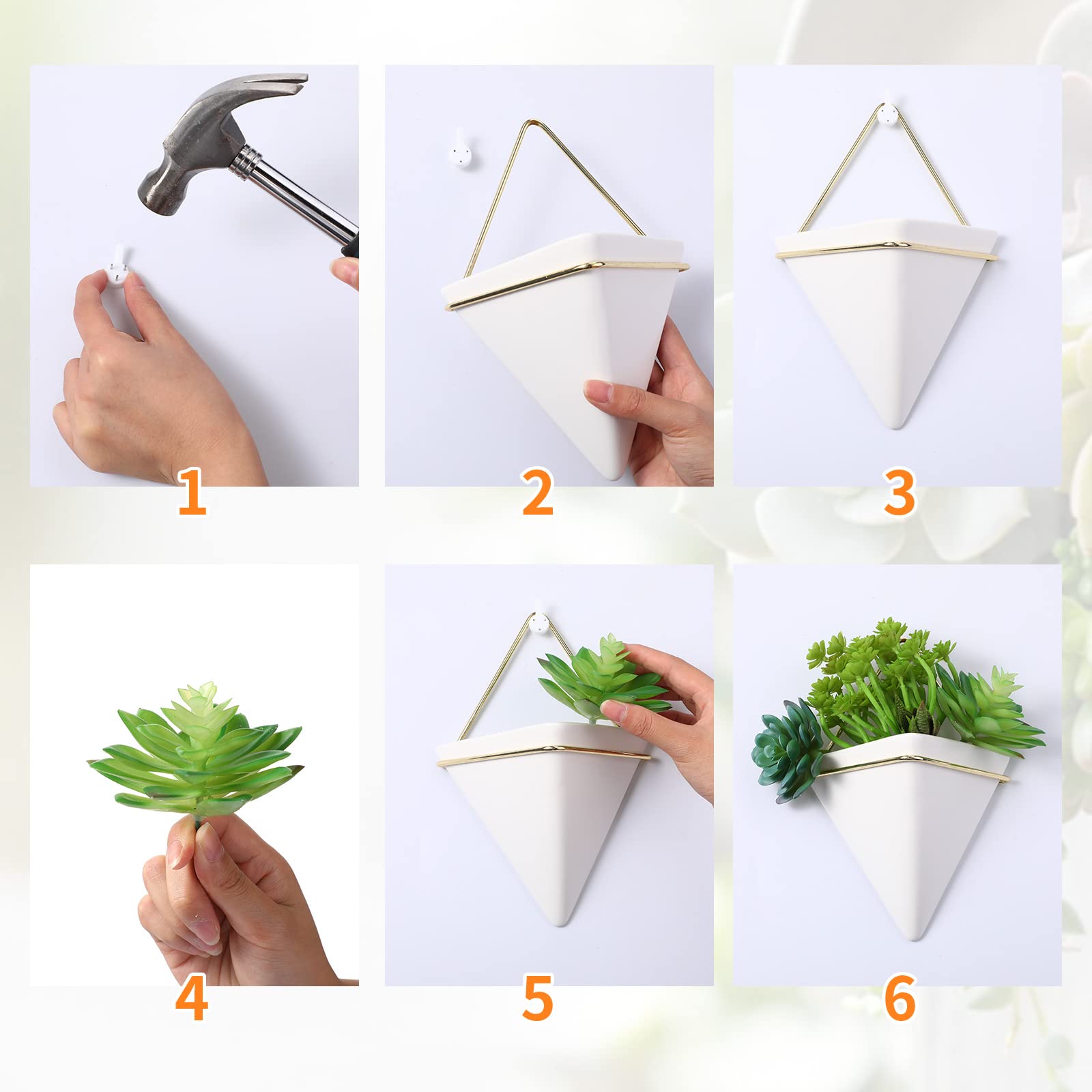15 Pcs Hanging Wall Planters with Artificial Succulents - Geometric Ceramic Vase Pots (8.2x5.9x4 Inch) - Indoor Home Decor for Living Room, Bedroom, Bathroom & Office