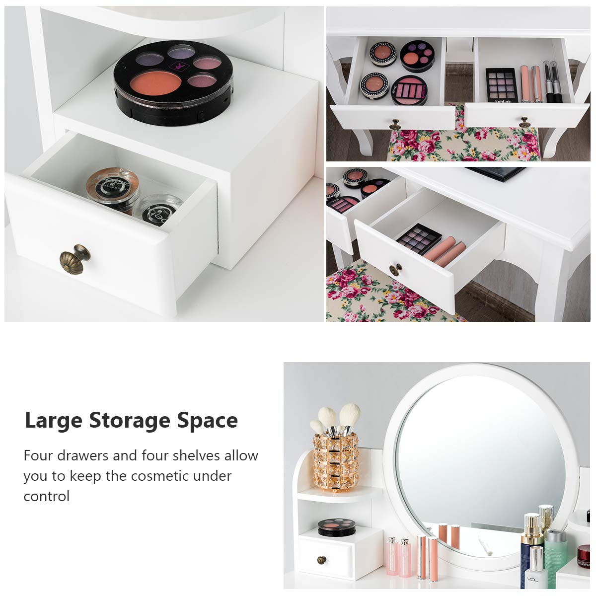 Charmaid Vanity Set with 4 Storage Shelves & 4 Drawers, Makeup Dressing Table with 360° Swivel Mirror, Cosmetic Organizers & Cushioned Stool - White Vanity Desk for Women & Girls | Perfect for Bedroom, Bathroom & Dressing Room Organization