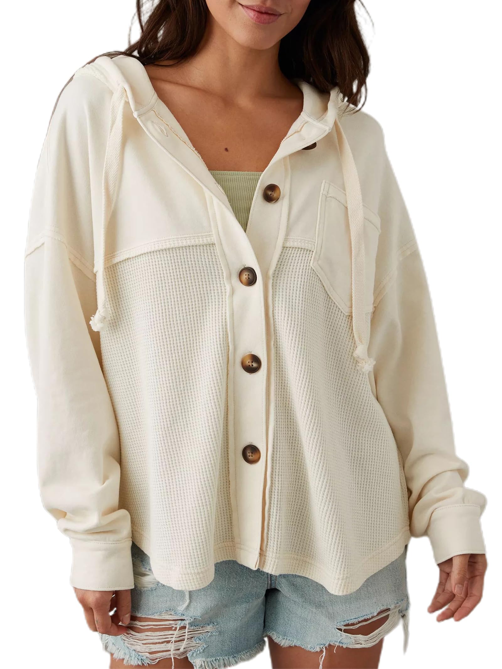 YEMOCILE Women's Waffle Knit Hooded Shacket - Oversized Long Sleeve Button Down Jacket Coat with Stitching Details | Casual Fall & Winter Outerwear for Layering, Street Style & Outdoor Activities