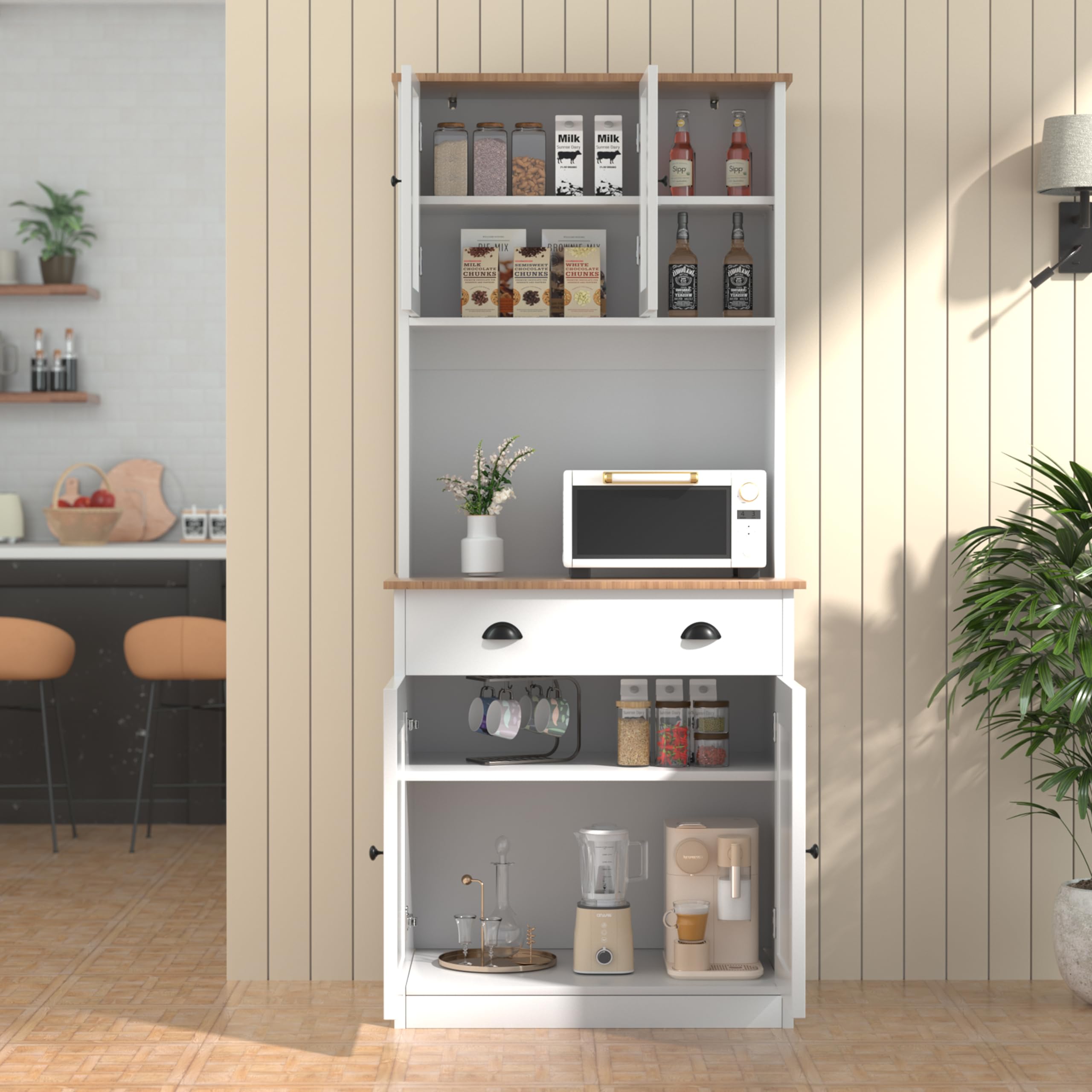 VEIKOU 72 Inch White Kitchen Pantry Cabinet with Microwave Shelf - Freestanding Storage Cabinet with Glass Doors, Adjustable Shelves & Upgraded Metal Hinges - Perfect for Small Kitchen Organization & Dining Room Storage