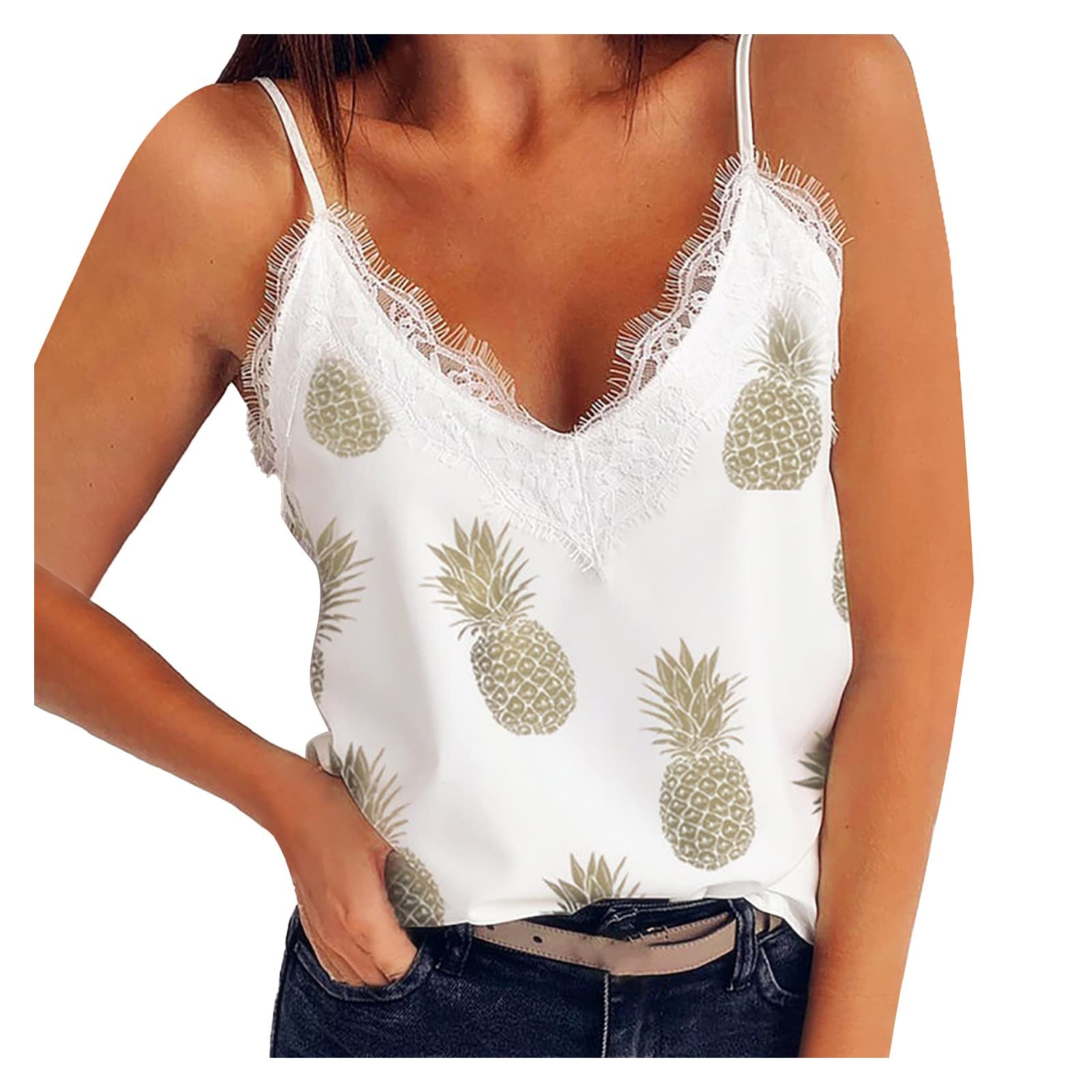Women's Breathable Summer Sleeveless Tank Top - Pineapple Print Lace Camisole for Running, Yoga & Beach Wear | Lightweight Comfortable Workout Shirts